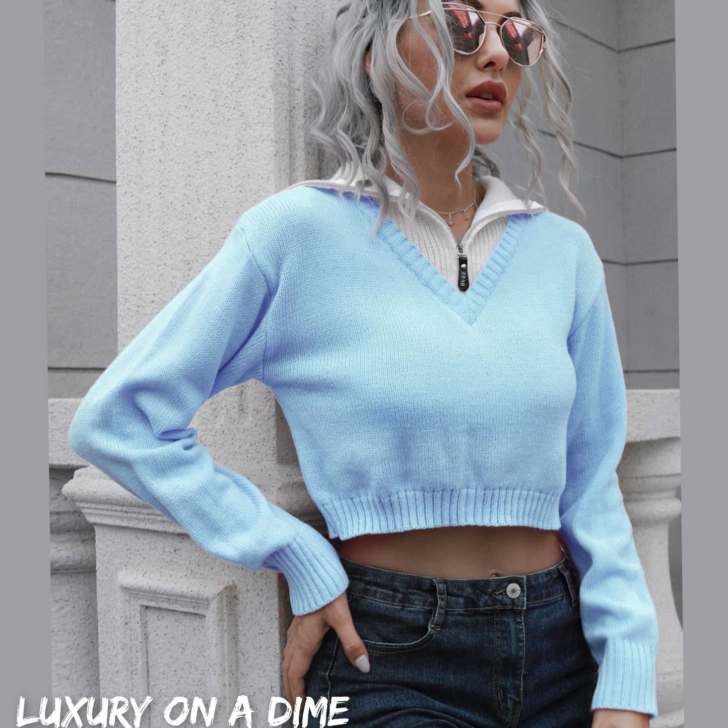 Collar Contrast Color Preppy Crop Top Long Sleeve Faux Layer Sweater Shirt