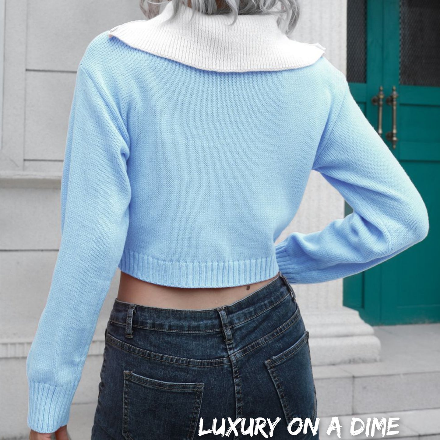 Collar Contrast Color Preppy Crop Top Long Sleeve Faux Layer Sweater Shirt