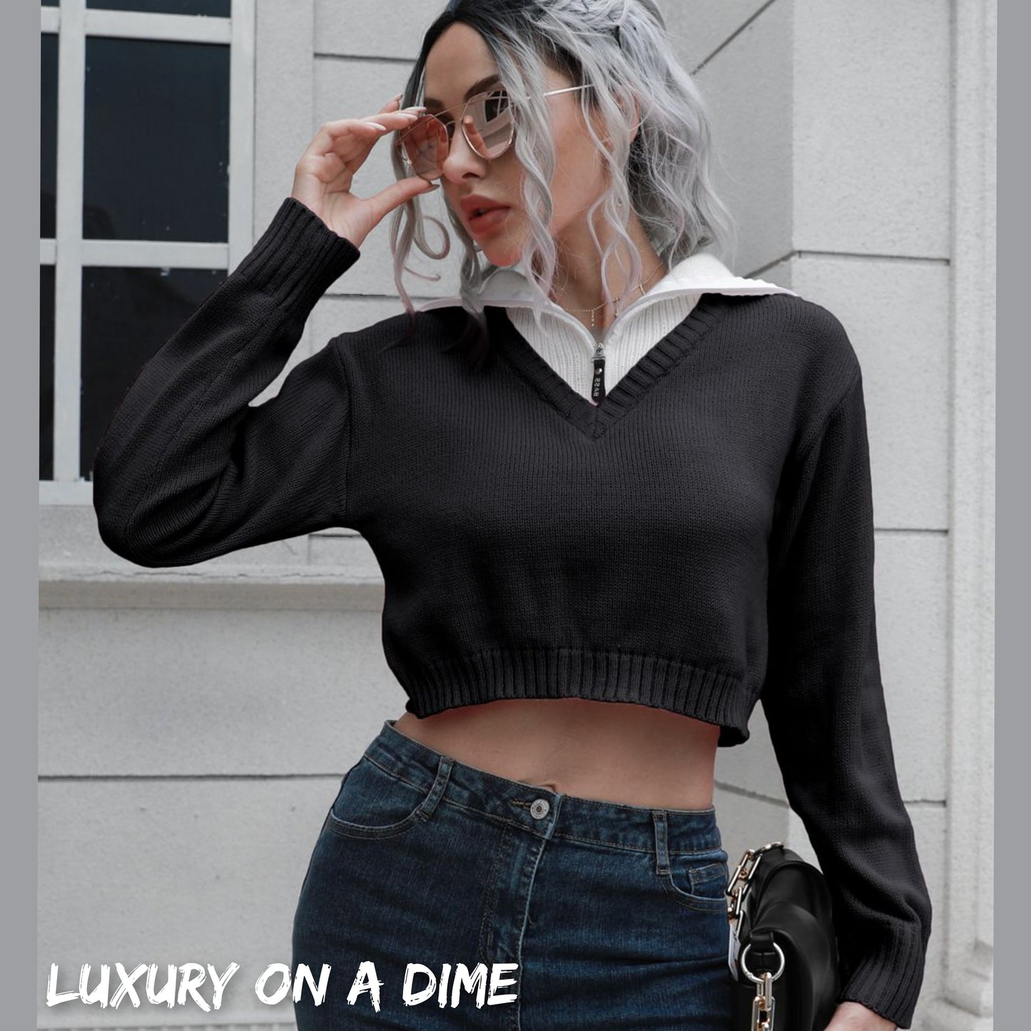 Collar Contrast Color Preppy Crop Top Long Sleeve Faux Layer Sweater Shirt