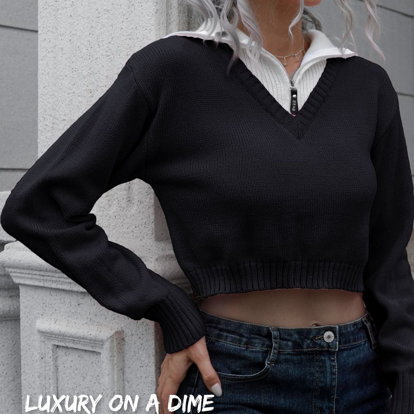 Collar Contrast Color Preppy Crop Top Long Sleeve Faux Layer Sweater Shirt
