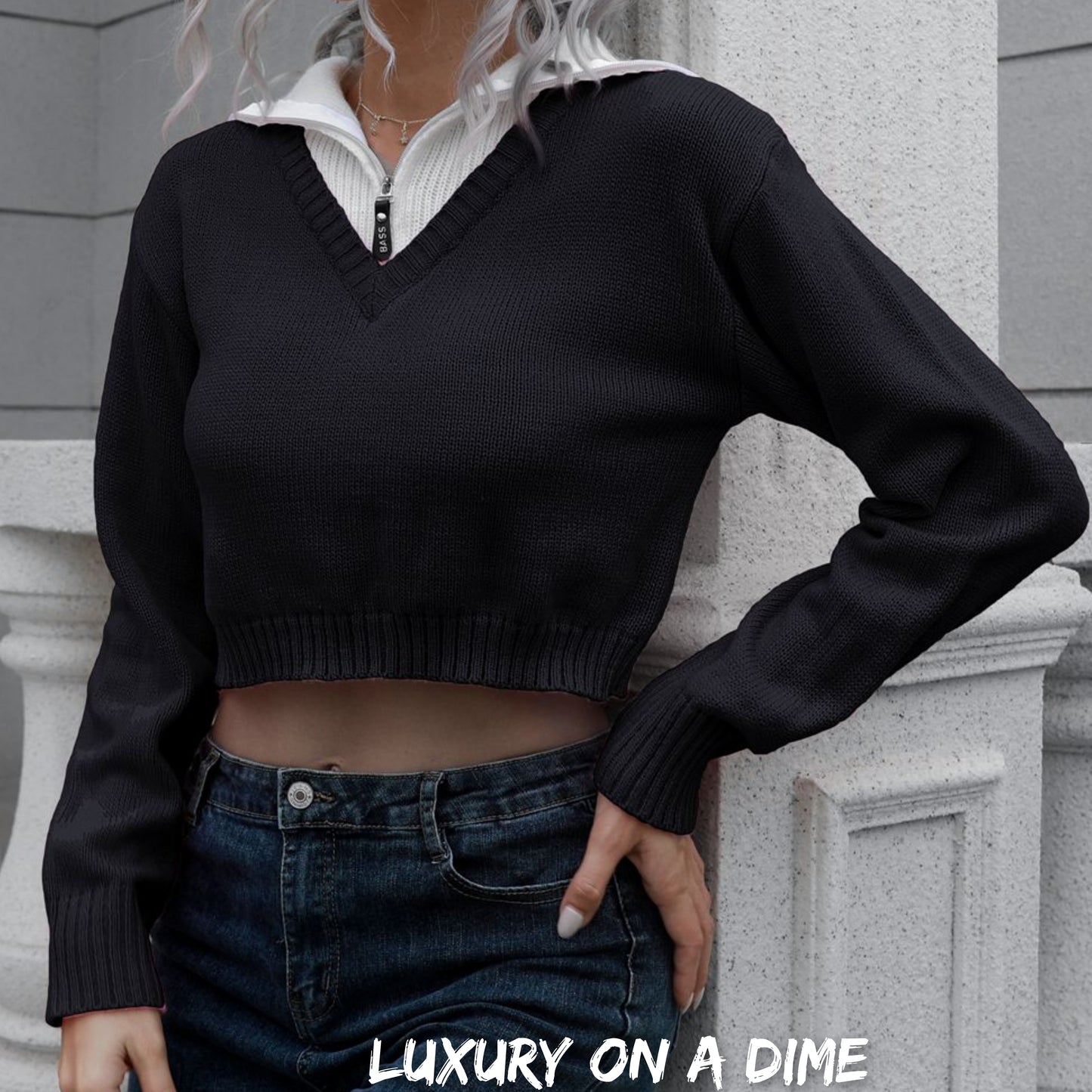 Collar Contrast Color Preppy Crop Top Long Sleeve Faux Layer Sweater Shirt