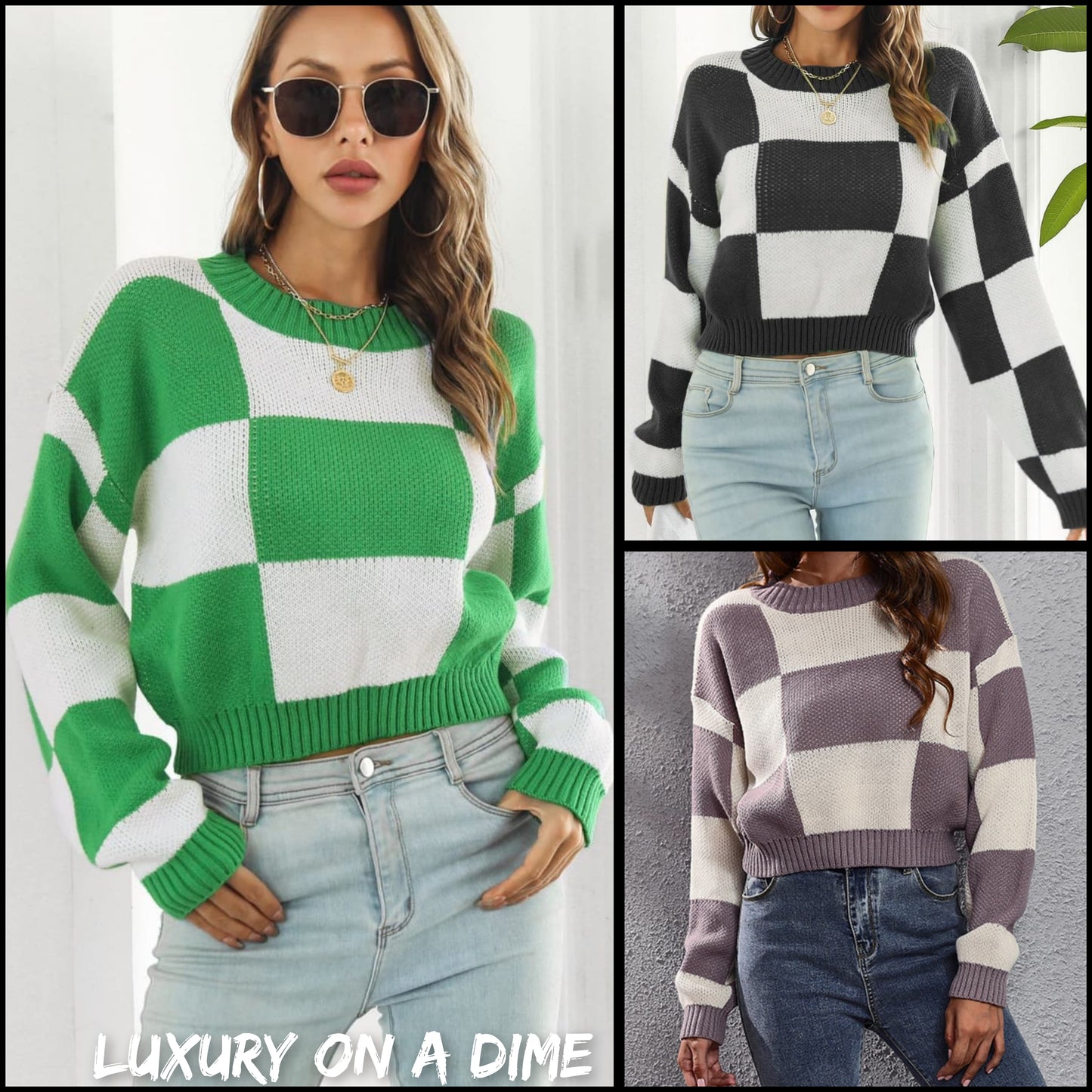 Checker Color Block Knit Crop Top Round Neck Long Sleeve Minimalist Sweater Shirt