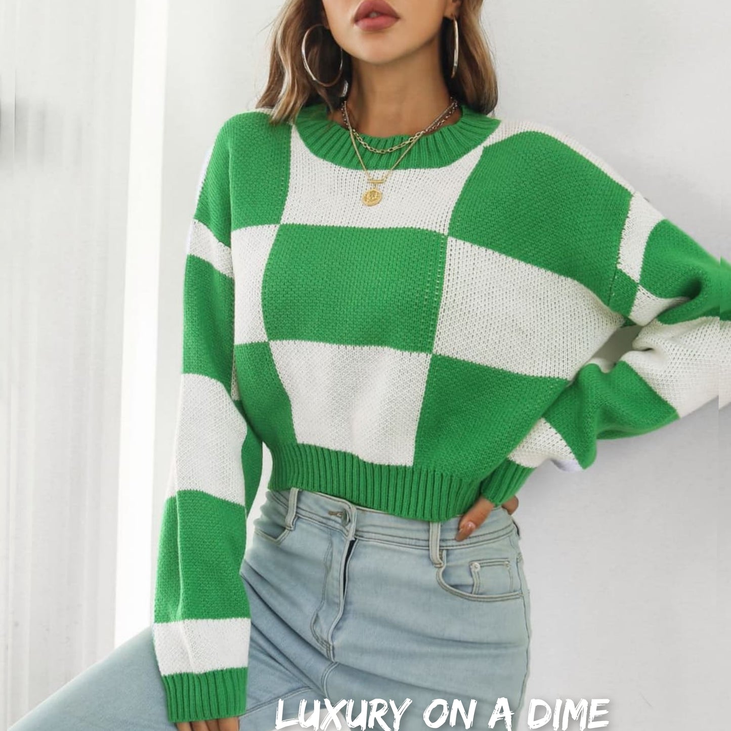 Checker Color Block Knit Crop Top Round Neck Long Sleeve Minimalist Sweater Shirt
