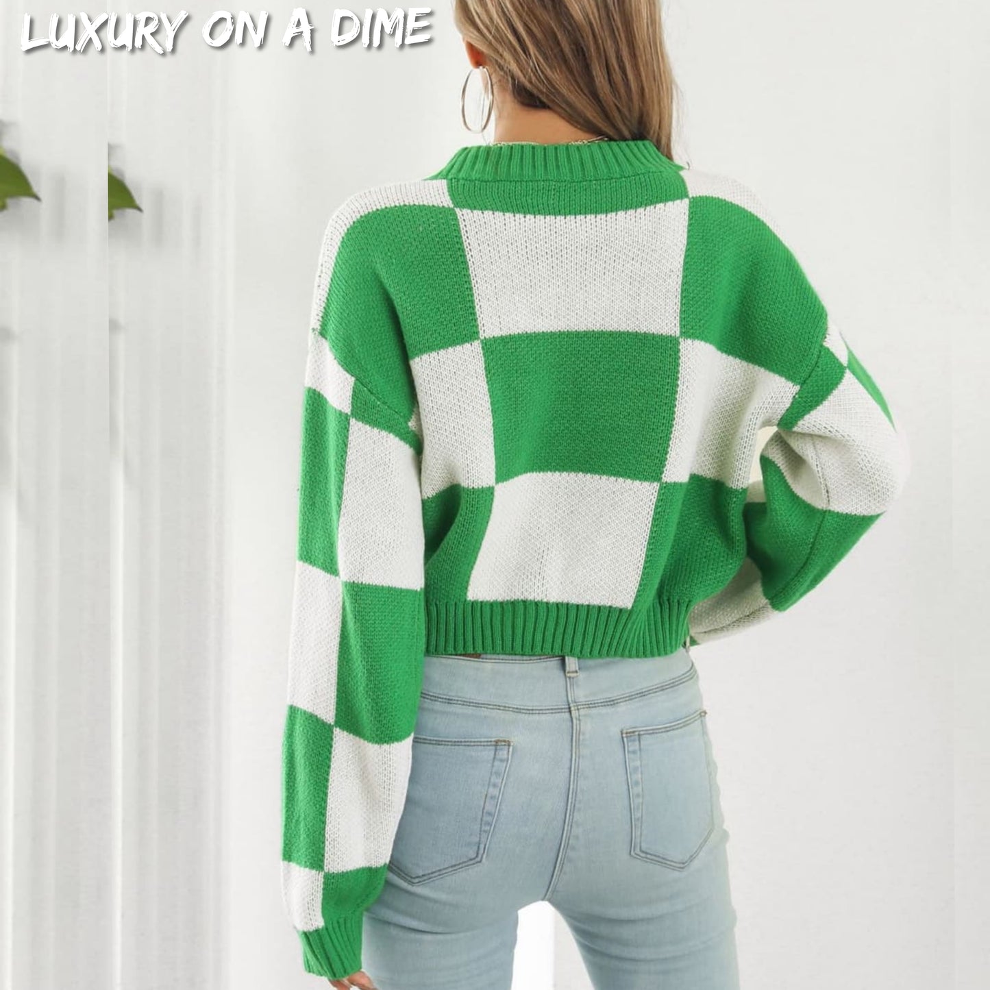 Checker Color Block Knit Crop Top Round Neck Long Sleeve Minimalist Sweater Shirt