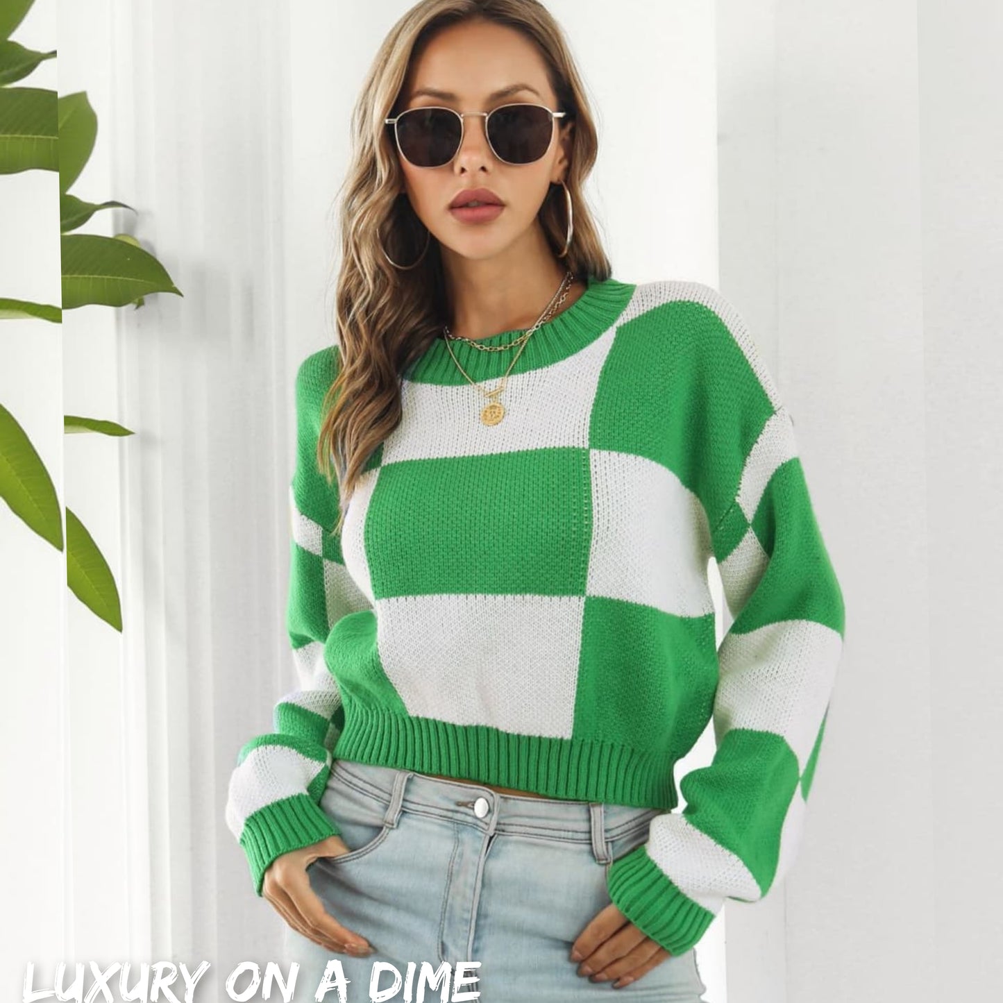 Checker Color Block Knit Crop Top Round Neck Long Sleeve Minimalist Sweater Shirt