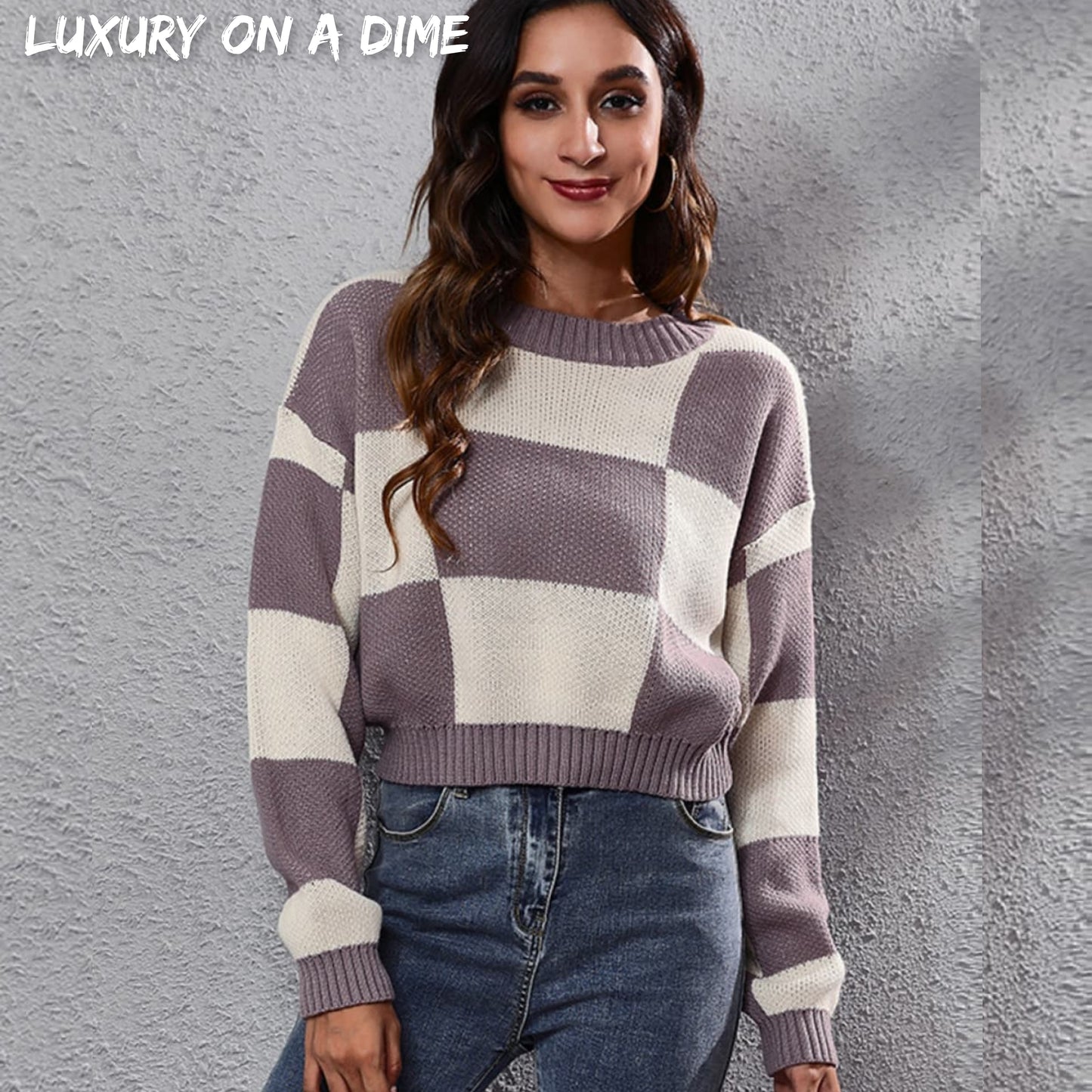 Checker Color Block Knit Crop Top Round Neck Long Sleeve Minimalist Sweater Shirt