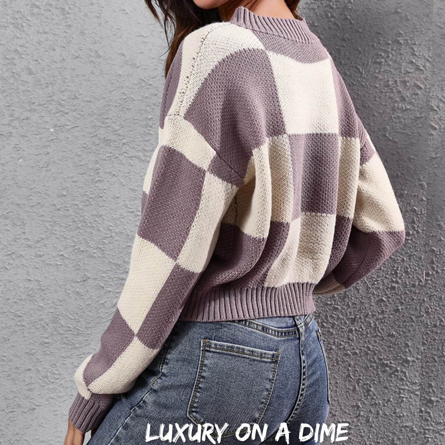 Checker Color Block Knit Crop Top Round Neck Long Sleeve Minimalist Sweater Shirt