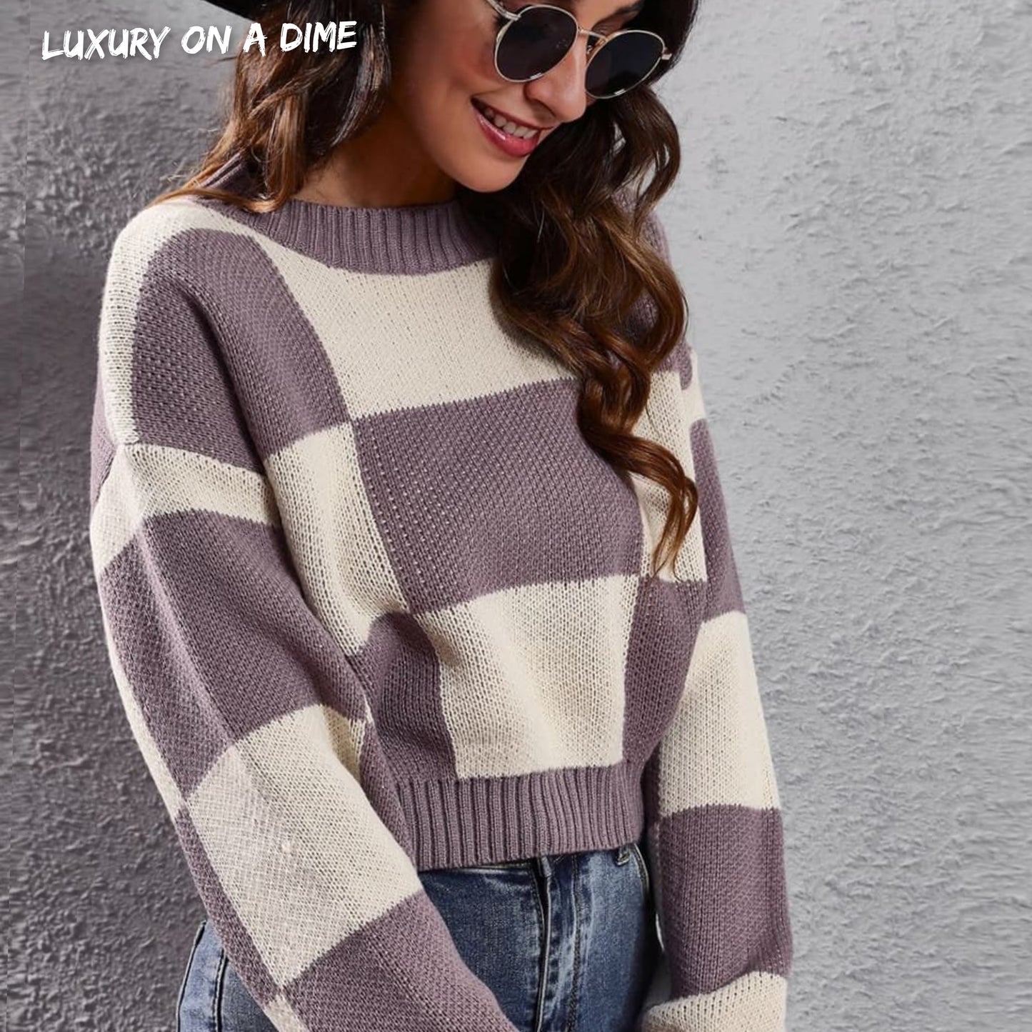 Checker Color Block Knit Crop Top Round Neck Long Sleeve Minimalist Sweater Shirt