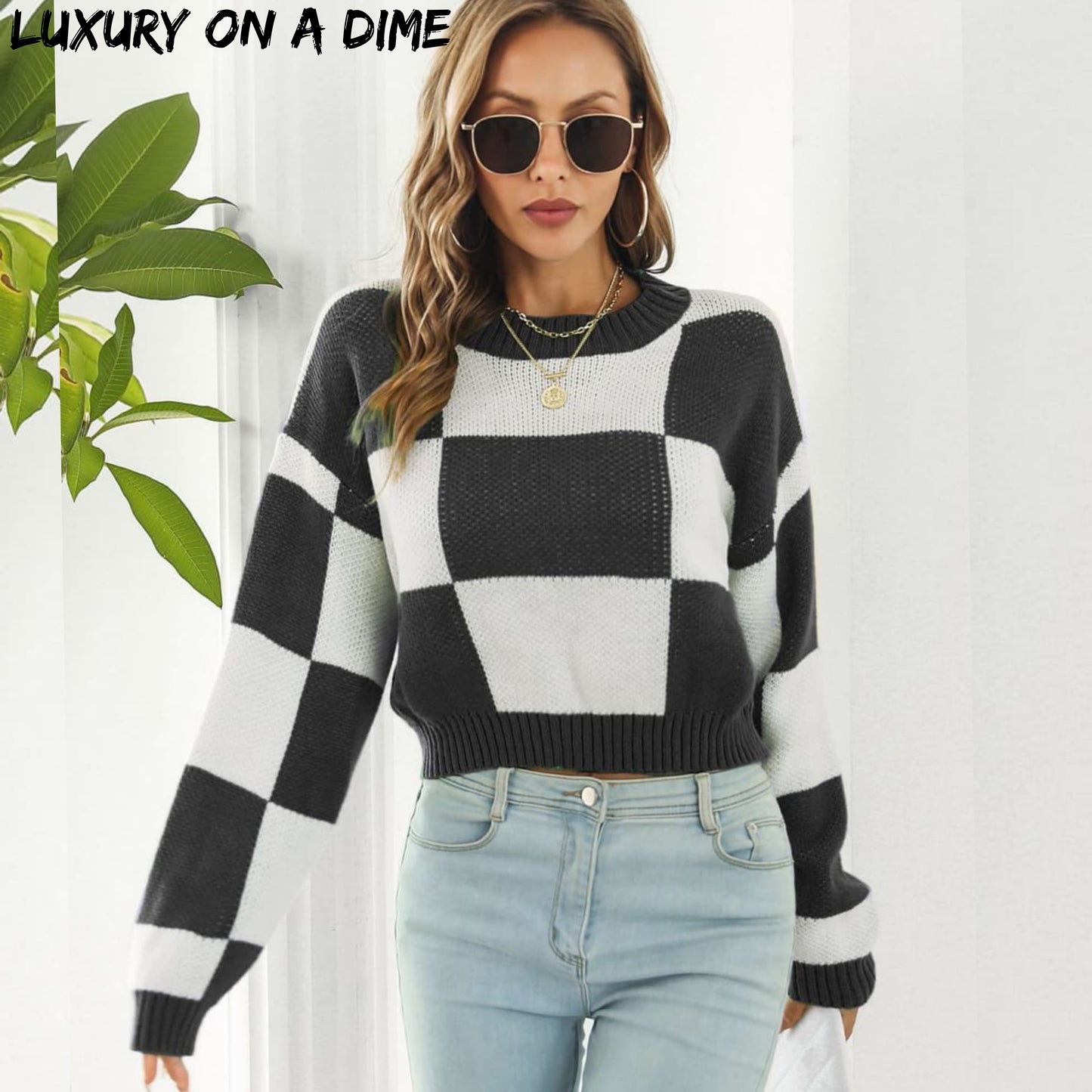 Checker Color Block Knit Crop Top Round Neck Long Sleeve Minimalist Sweater Shirt