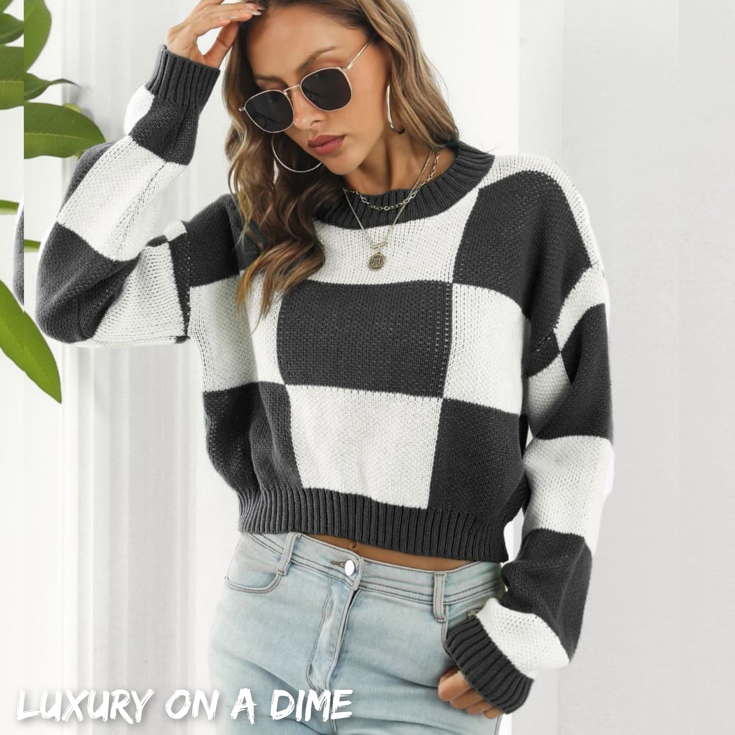 Checker Color Block Knit Crop Top Round Neck Long Sleeve Minimalist Sweater Shirt