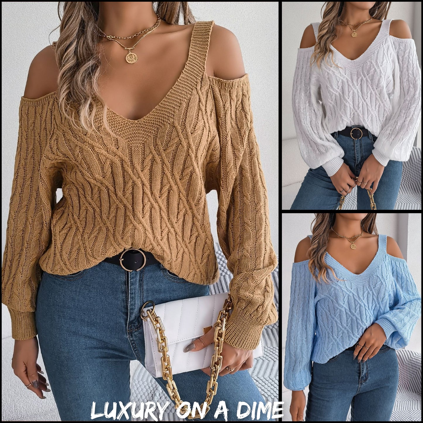 Cable-Knit Woven Top Cold Shoulder Long Sleeve V-neck Cozy Sweater Shirt