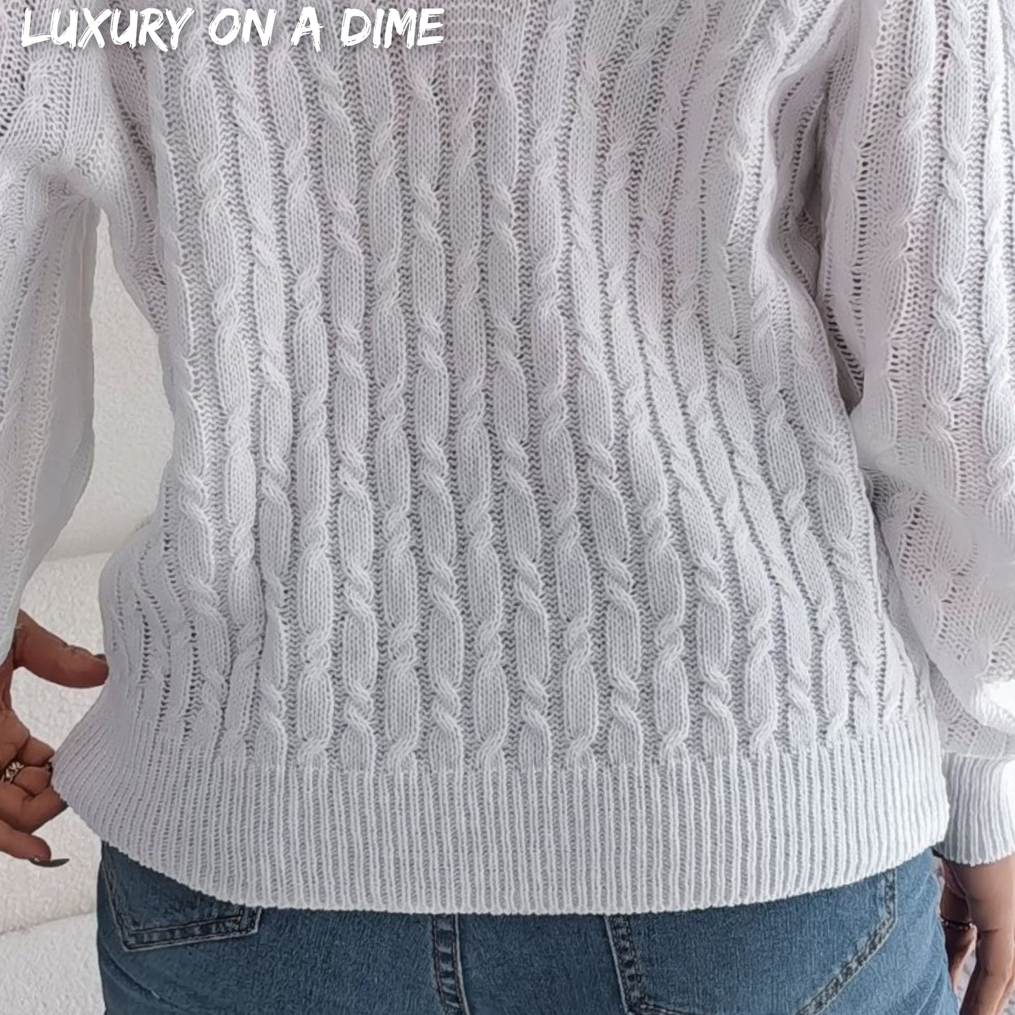 Cable-Knit Woven Top Cold Shoulder Long Sleeve V-neck Cozy Sweater Shirt
