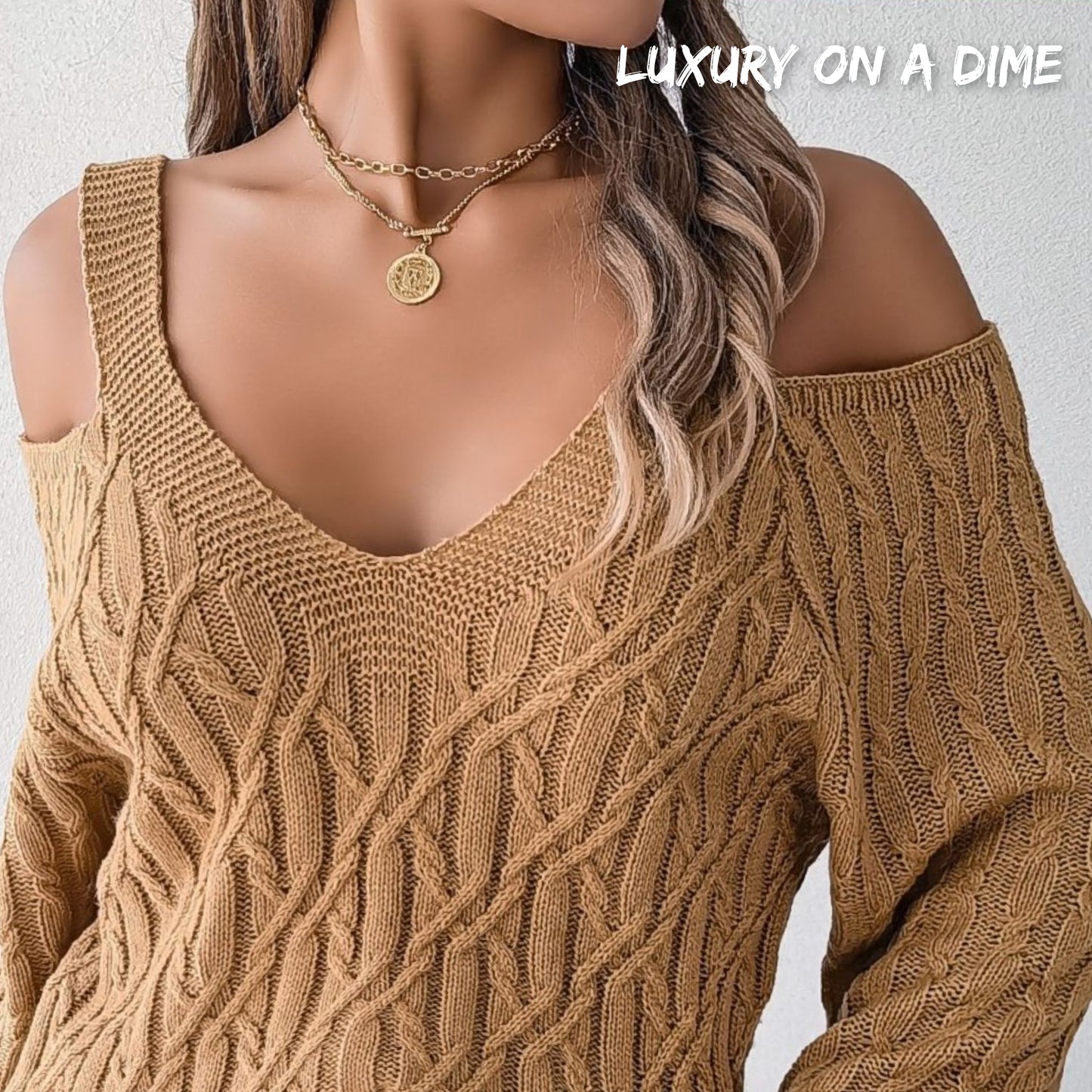 Cable-Knit Woven Top Cold Shoulder Long Sleeve V-neck Cozy Sweater Shirt