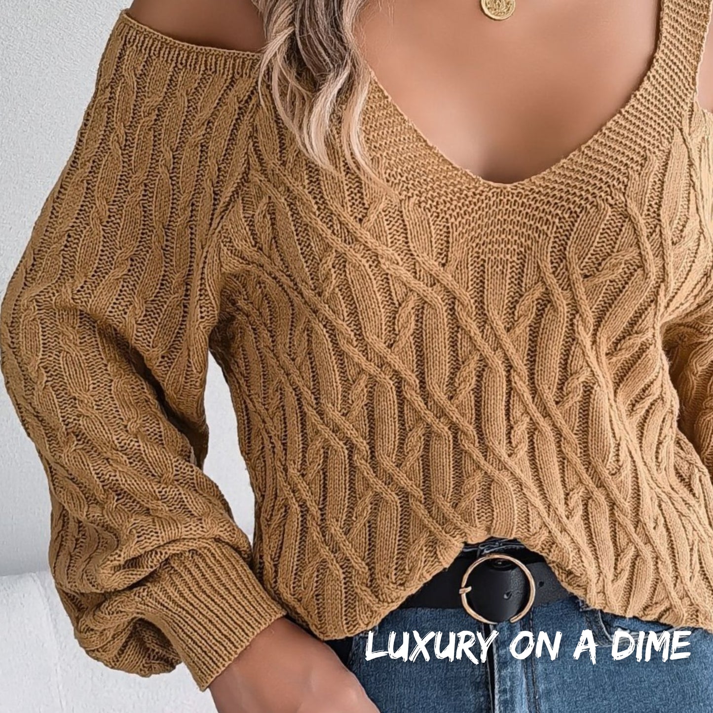 Cable-Knit Woven Top Cold Shoulder Long Sleeve V-neck Cozy Sweater Shirt