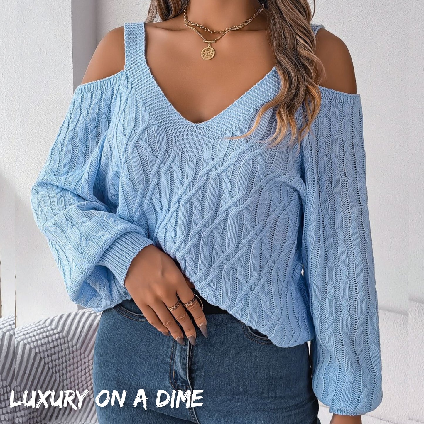 Cable-Knit Woven Top Cold Shoulder Long Sleeve V-neck Cozy Sweater Shirt