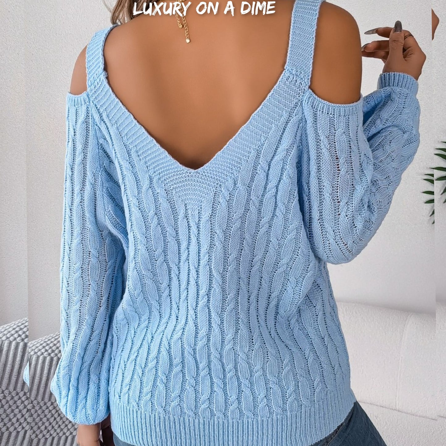 Cable-Knit Woven Top Cold Shoulder Long Sleeve V-neck Cozy Sweater Shirt