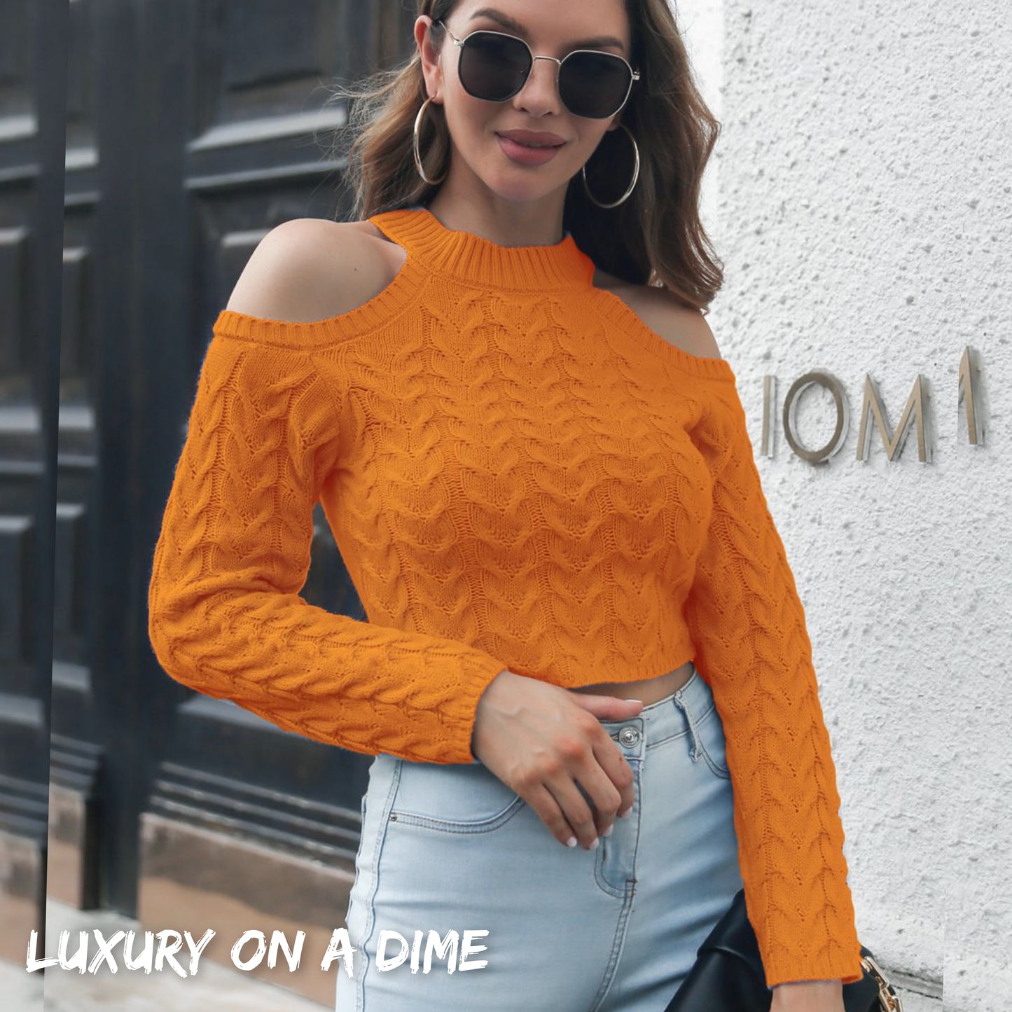 Cable-Knit Woven Cold Shoulder Long Sleeve Crop Top Round Neck Sweater Shirt