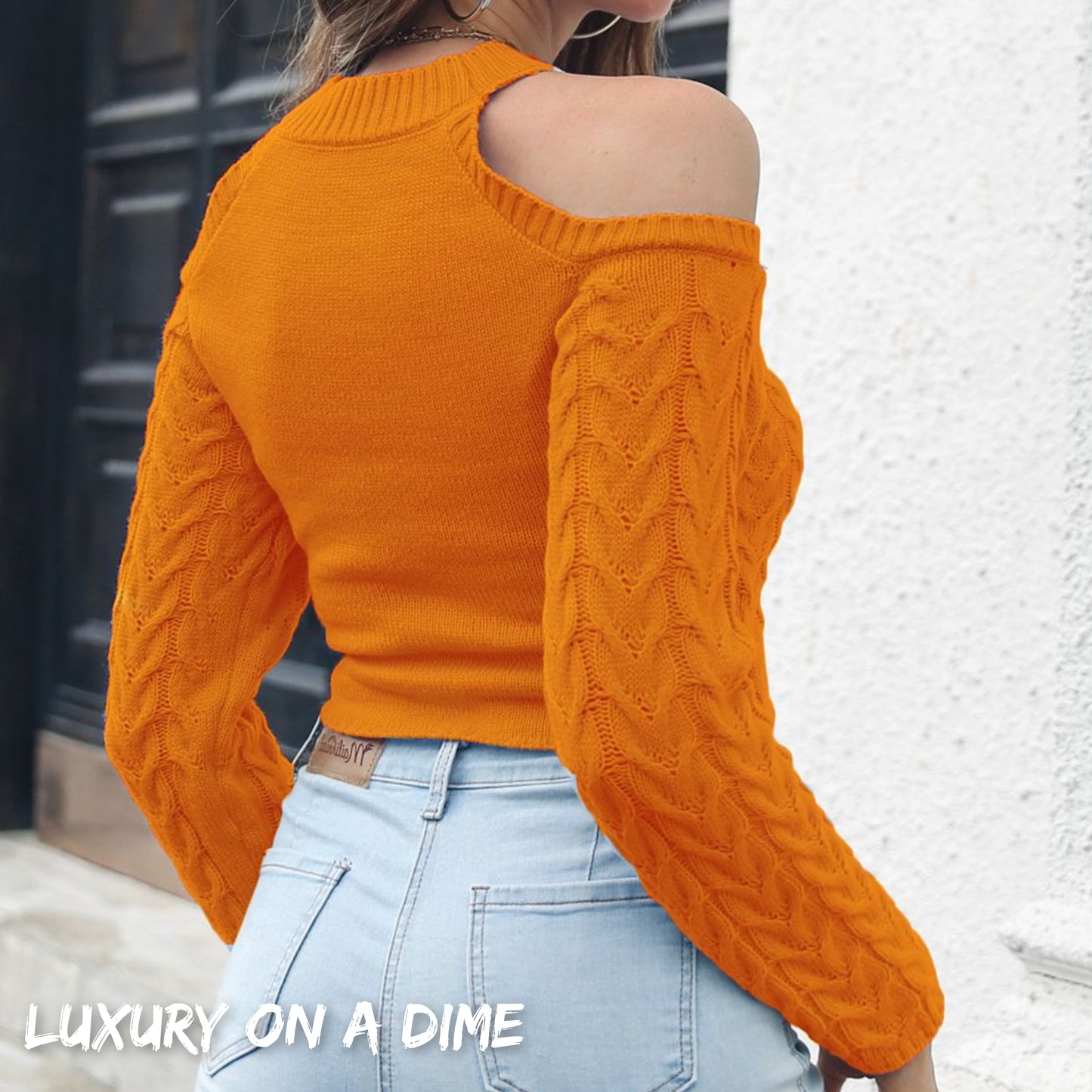 Cable-Knit Woven Cold Shoulder Long Sleeve Crop Top Round Neck Sweater Shirt