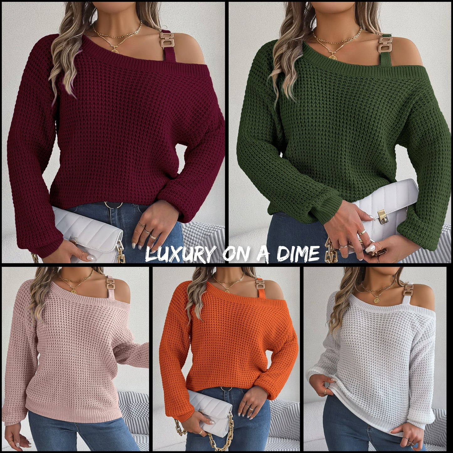 Waffle Knit Cold Shoulder Asymmetrical Gold Accent Long Sleeve Sweater Shirt