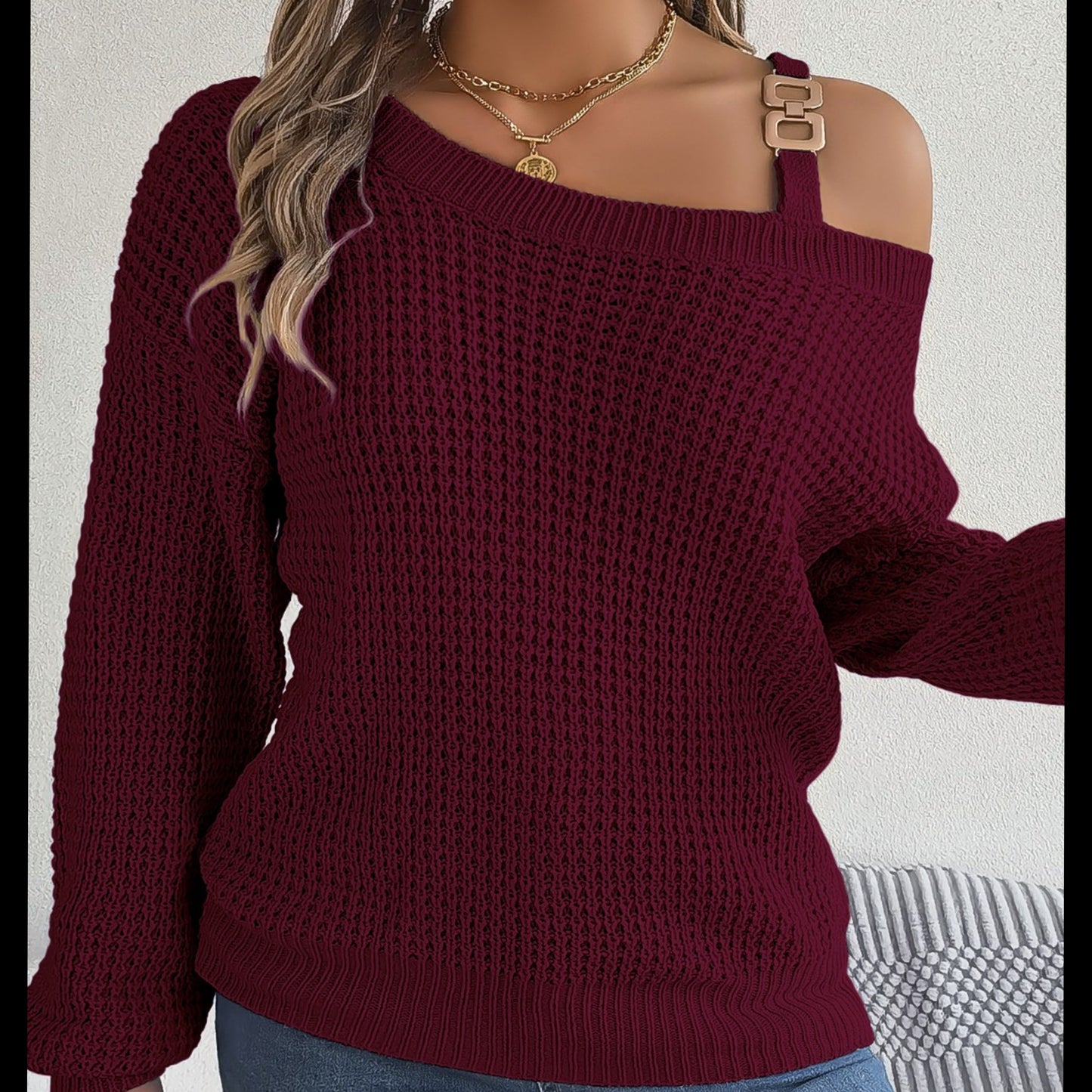 Waffle Knit Cold Shoulder Asymmetrical Gold Accent Long Sleeve Sweater Shirt