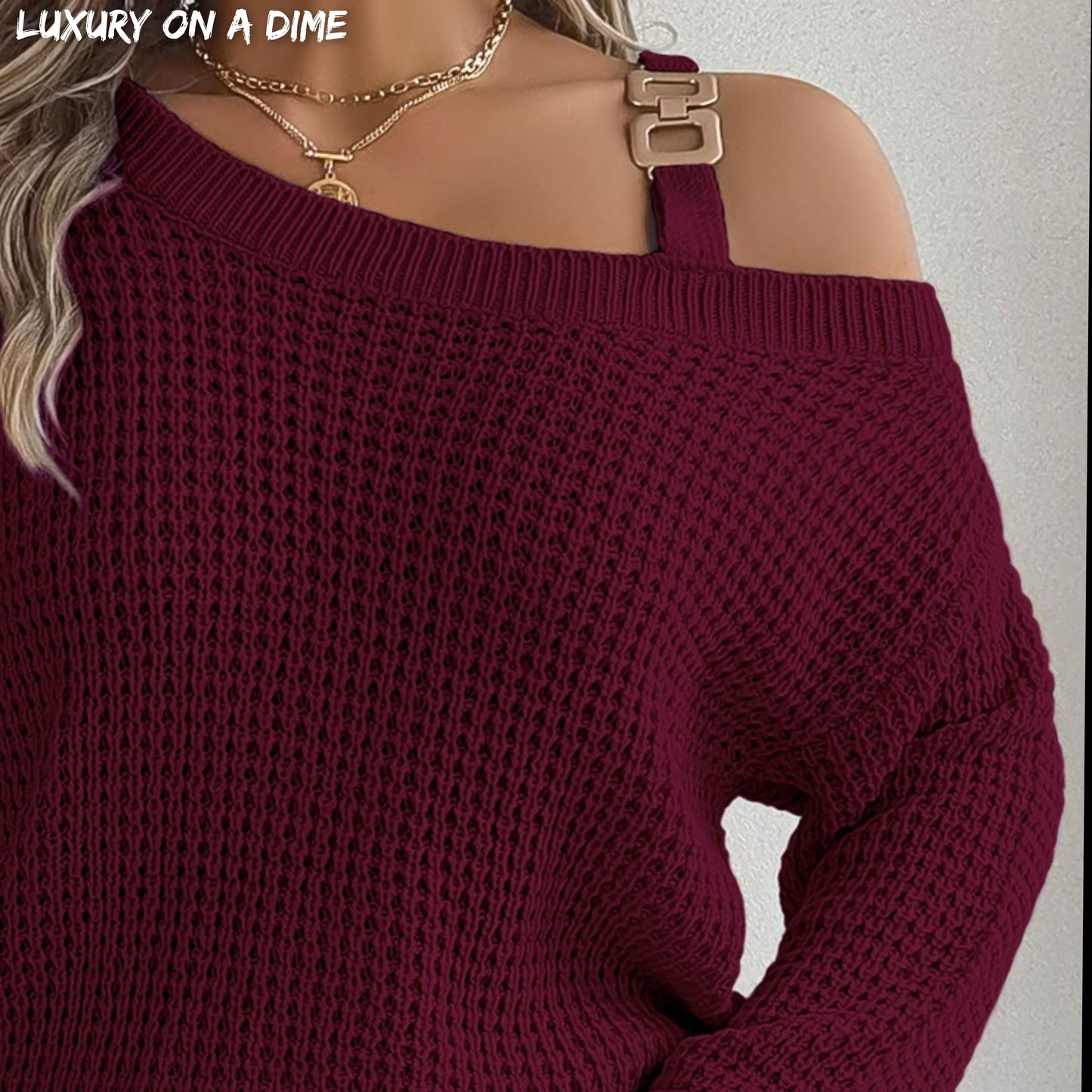 Waffle Knit Cold Shoulder Asymmetrical Gold Accent Long Sleeve Sweater Shirt