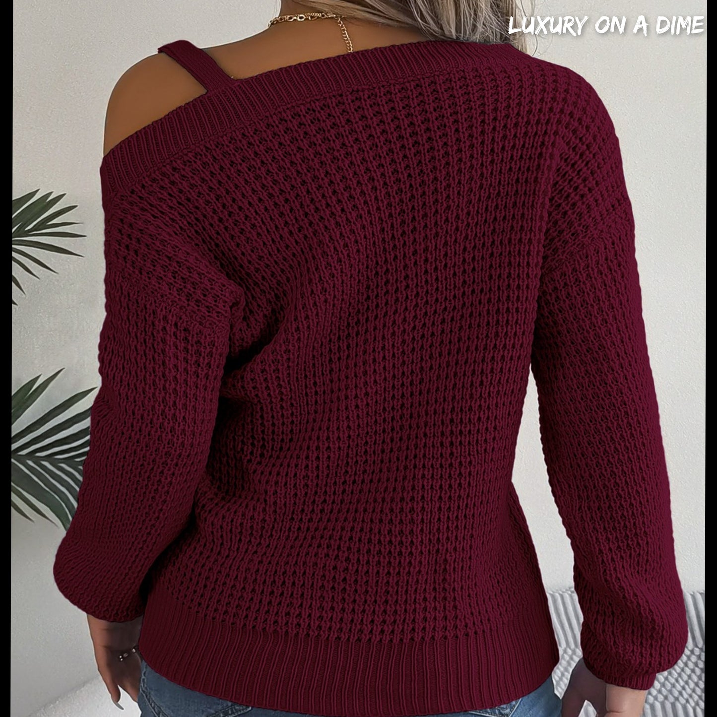 Waffle Knit Cold Shoulder Asymmetrical Gold Accent Long Sleeve Sweater Shirt