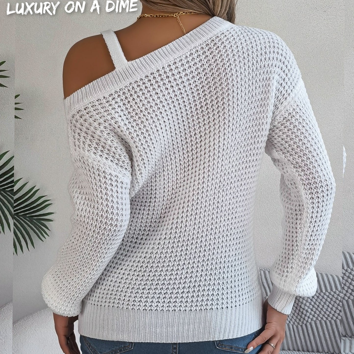 Waffle Knit Cold Shoulder Asymmetrical Gold Accent Long Sleeve Sweater Shirt