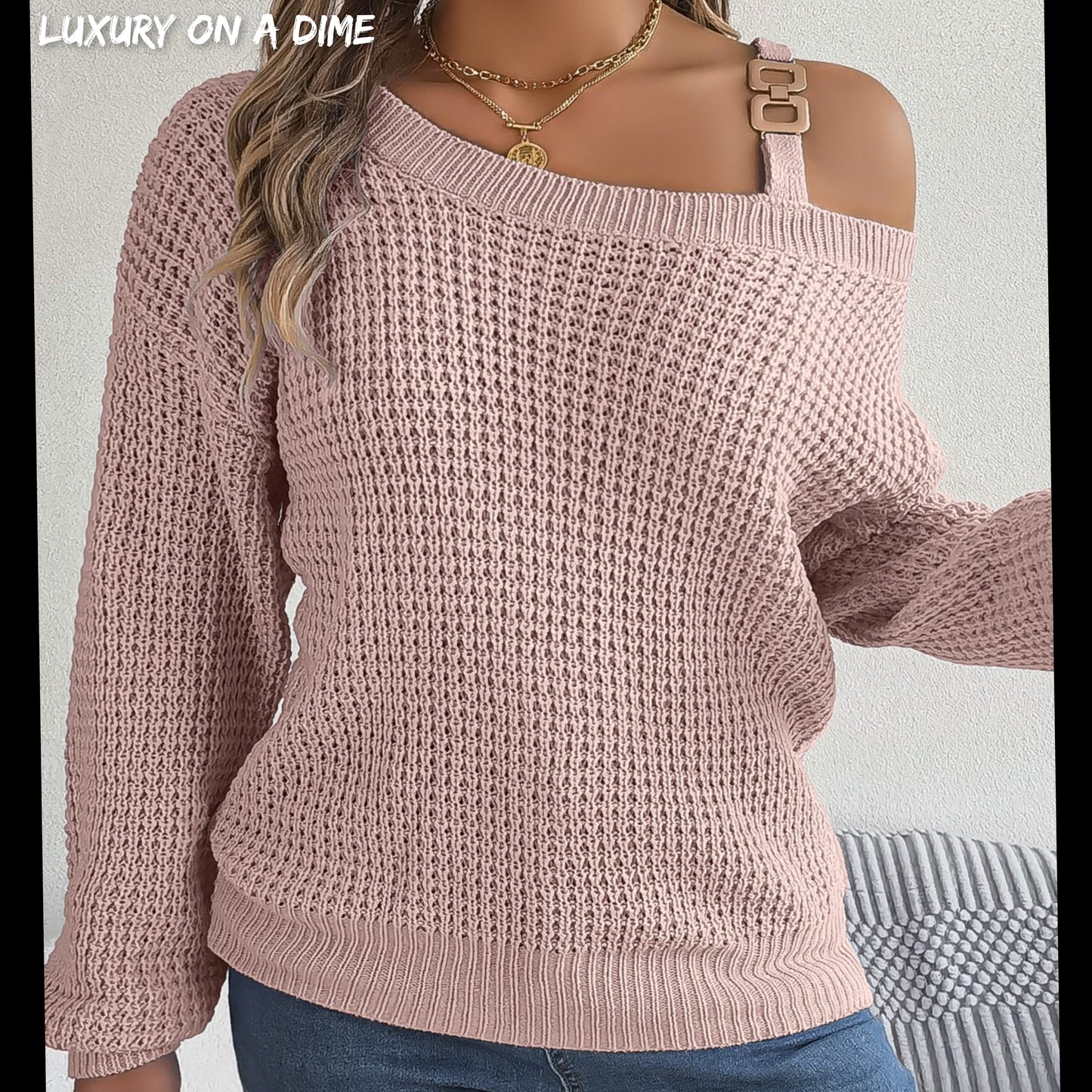 Waffle Knit Cold Shoulder Asymmetrical Gold Accent Long Sleeve Sweater Shirt