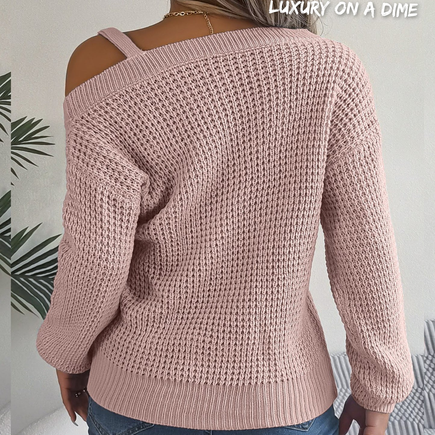 Waffle Knit Cold Shoulder Asymmetrical Gold Accent Long Sleeve Sweater Shirt