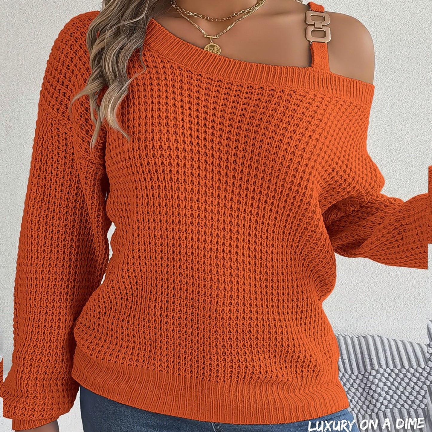 Waffle Knit Cold Shoulder Asymmetrical Gold Accent Long Sleeve Sweater Shirt