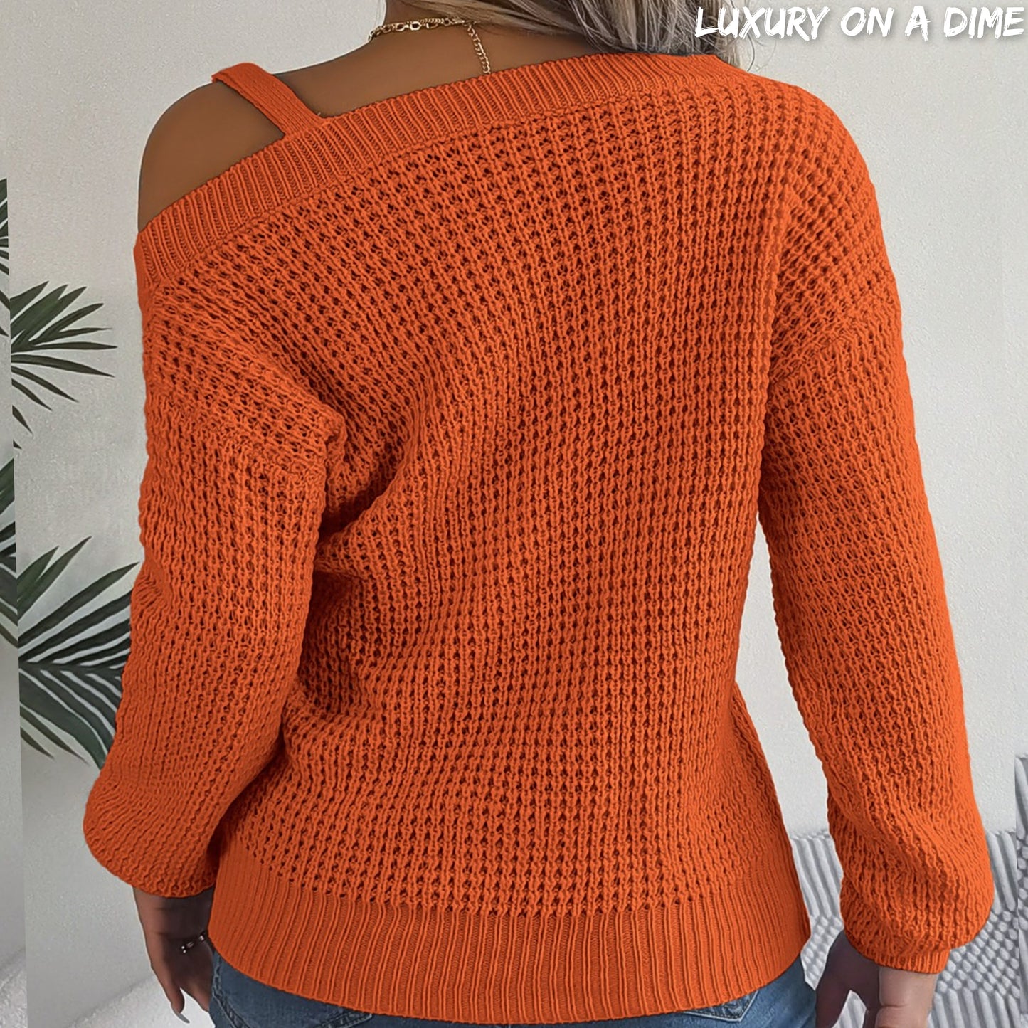 Waffle Knit Cold Shoulder Asymmetrical Gold Accent Long Sleeve Sweater Shirt