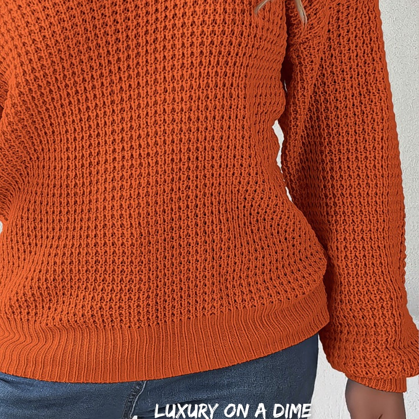 Waffle Knit Cold Shoulder Asymmetrical Gold Accent Long Sleeve Sweater Shirt