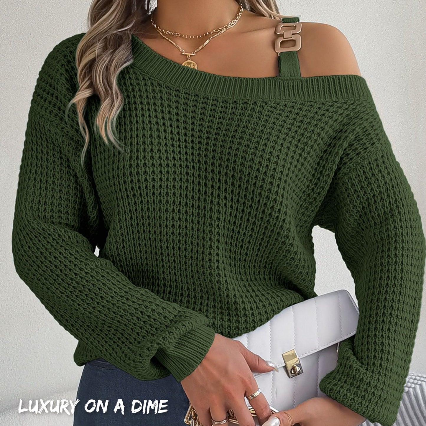 Waffle Knit Cold Shoulder Asymmetrical Gold Accent Long Sleeve Sweater Shirt