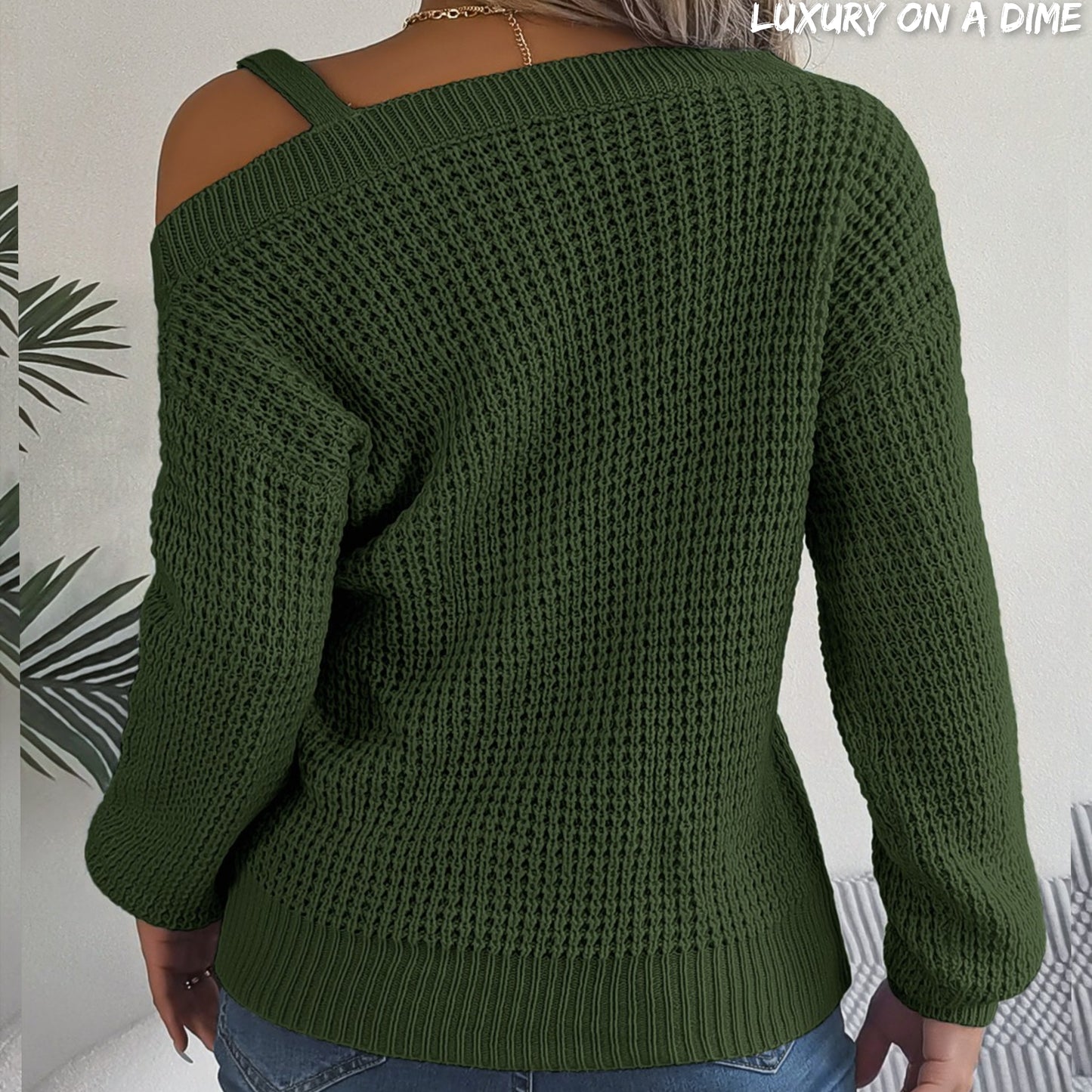 Waffle Knit Cold Shoulder Asymmetrical Gold Accent Long Sleeve Sweater Shirt