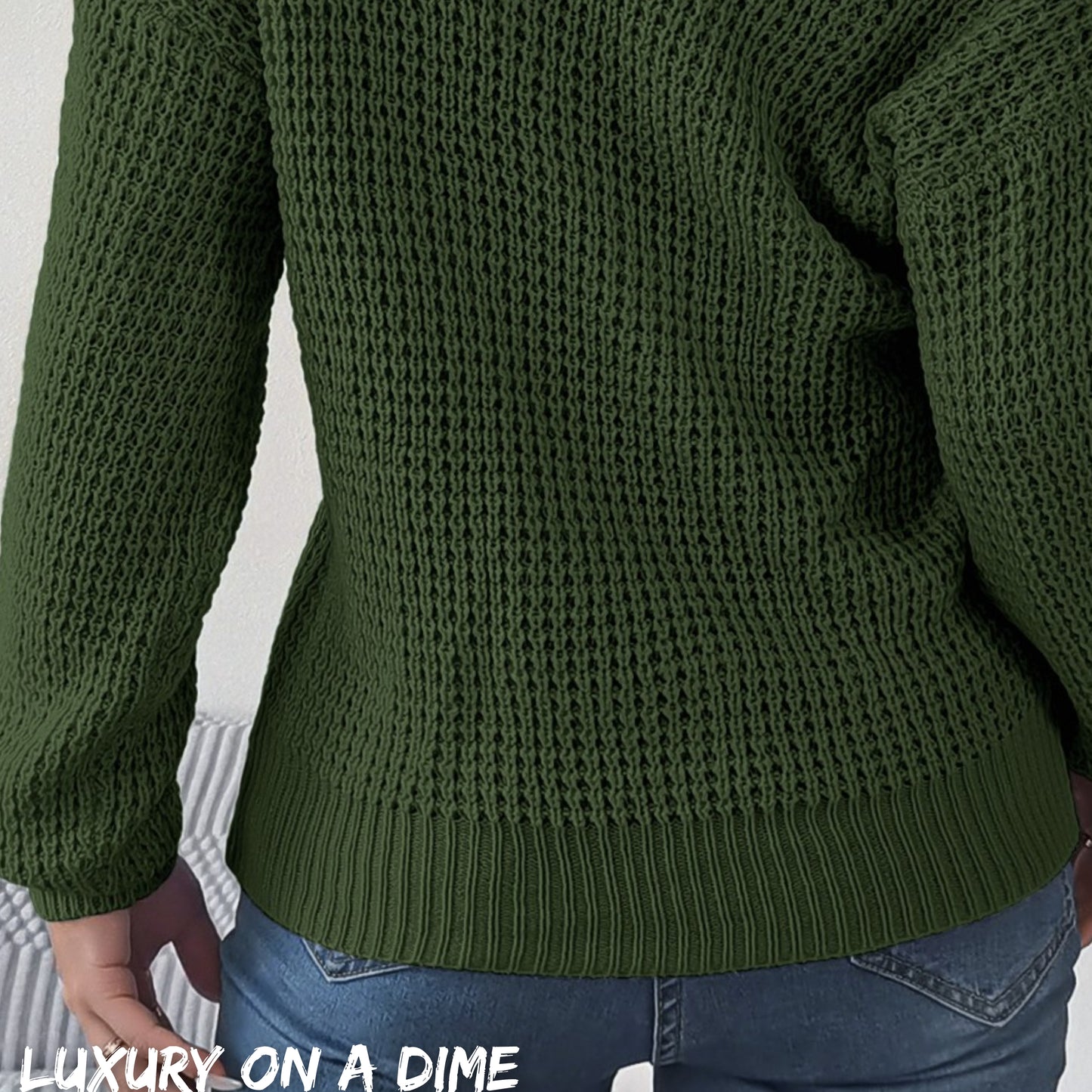 Waffle Knit Cold Shoulder Asymmetrical Gold Accent Long Sleeve Sweater Shirt