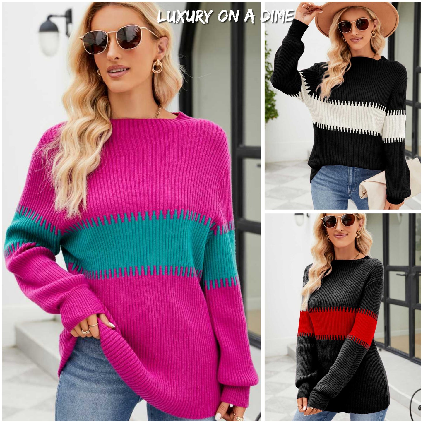Contrasting Color Block Ribbed Knit Long Sleeve Patchwork Minimalist Sweater