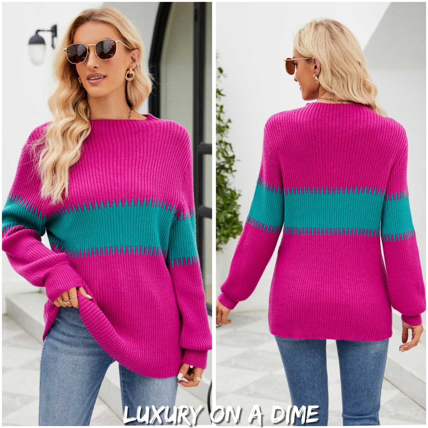 Contrasting Color Block Ribbed Knit Long Sleeve Patchwork Minimalist Sweater