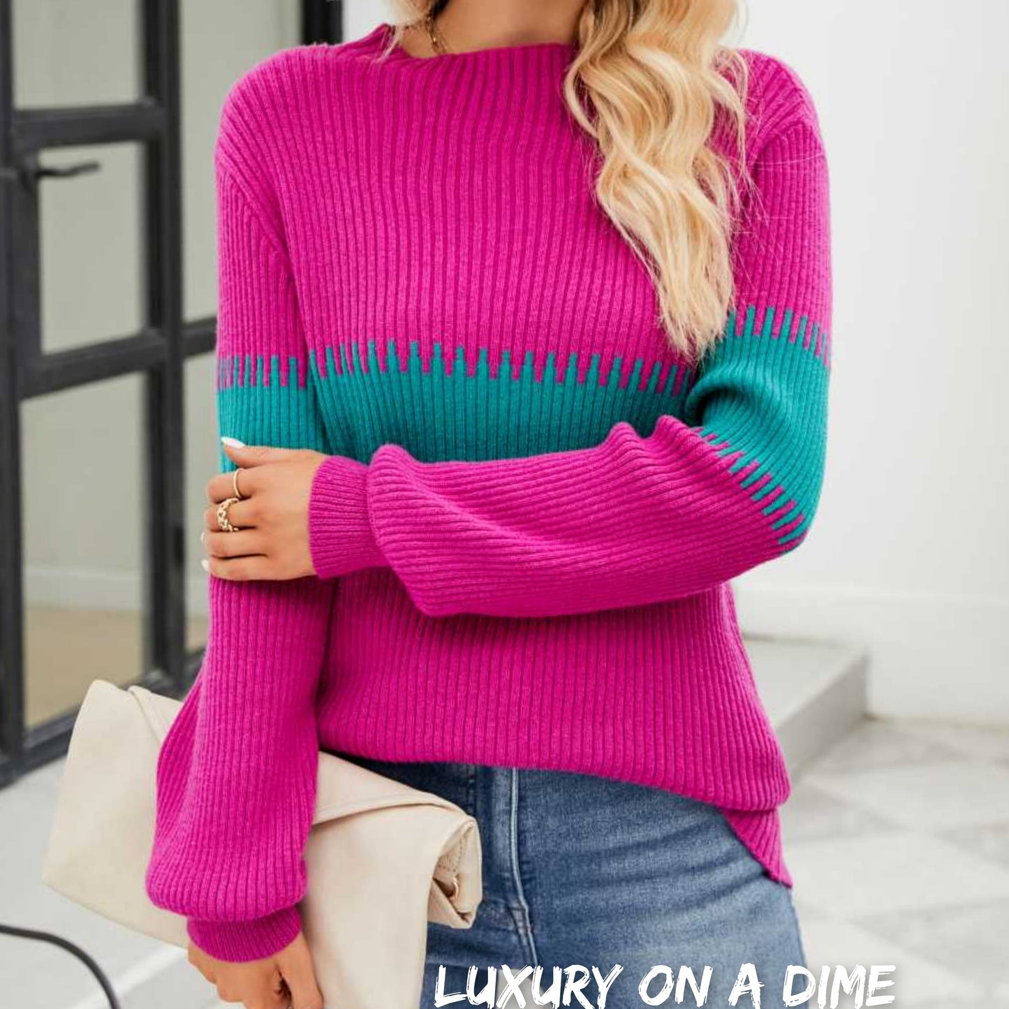 Contrasting Color Block Ribbed Knit Long Sleeve Patchwork Minimalist Sweater