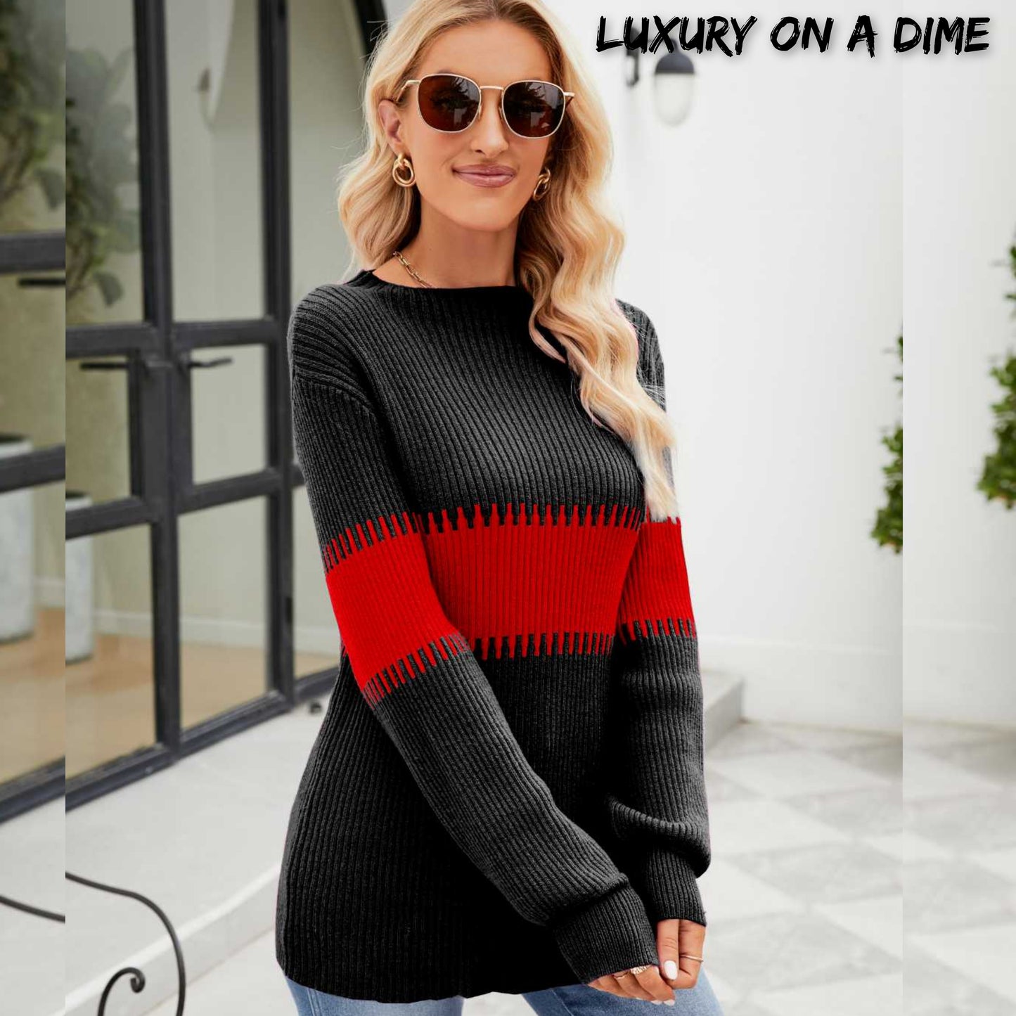 Contrasting Color Block Ribbed Knit Long Sleeve Patchwork Minimalist Sweater