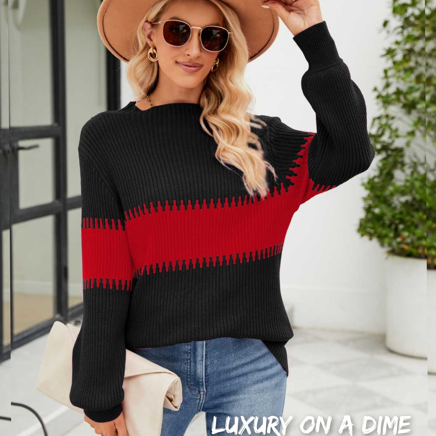 Contrasting Color Block Ribbed Knit Long Sleeve Patchwork Minimalist Sweater