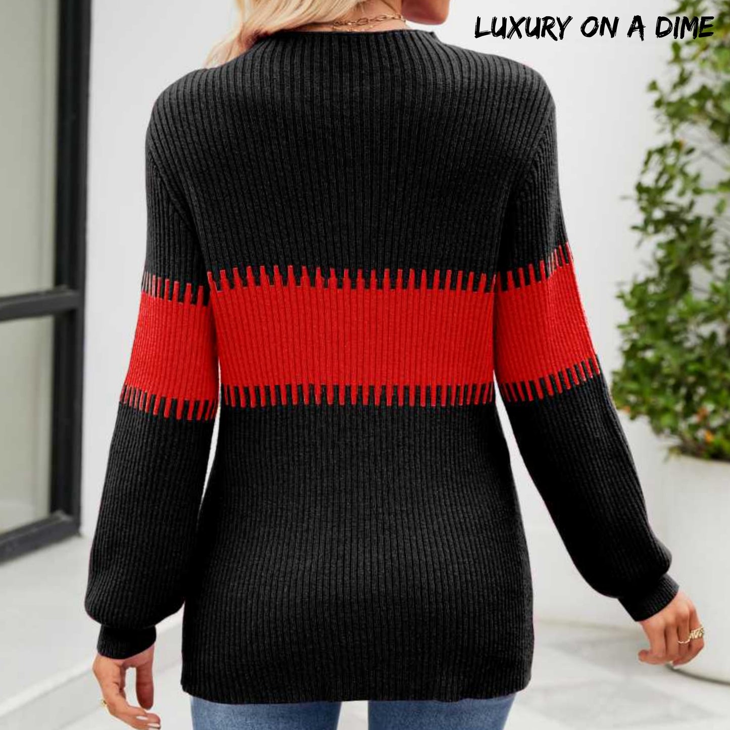 Contrasting Color Block Ribbed Knit Long Sleeve Patchwork Minimalist Sweater