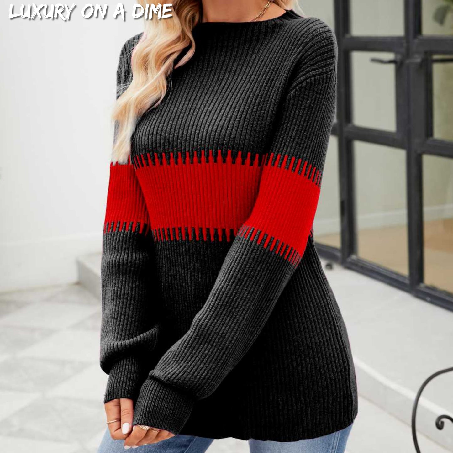 Contrasting Color Block Ribbed Knit Long Sleeve Patchwork Minimalist Sweater