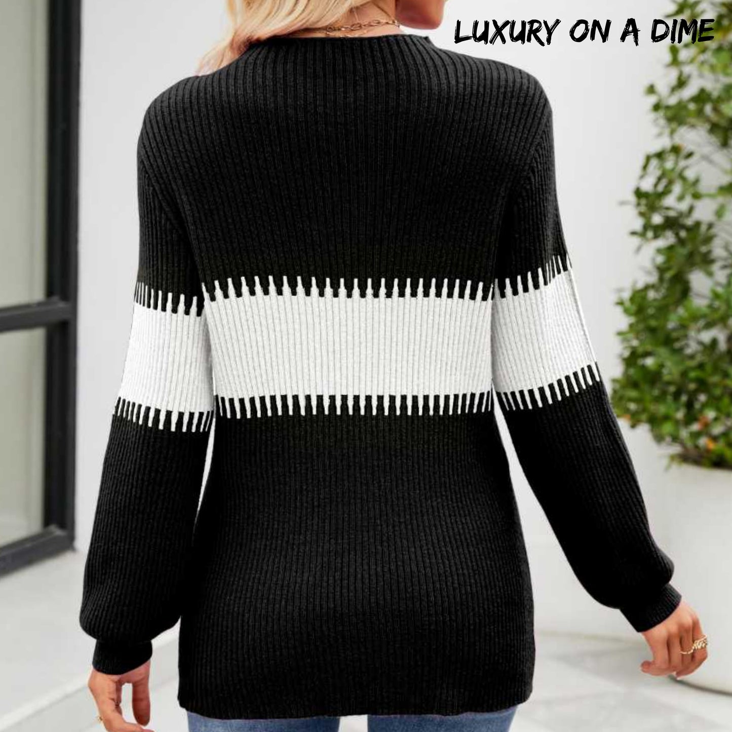 Contrasting Color Block Ribbed Knit Long Sleeve Patchwork Minimalist Sweater
