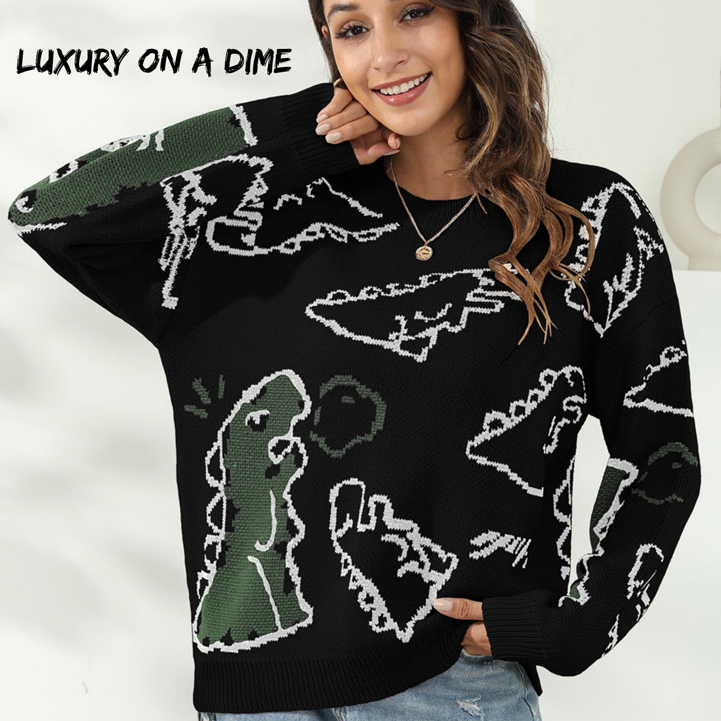 Knit Dinosaur Print Round Neck Long Sleeve Oversized Fun Pullover Sweater