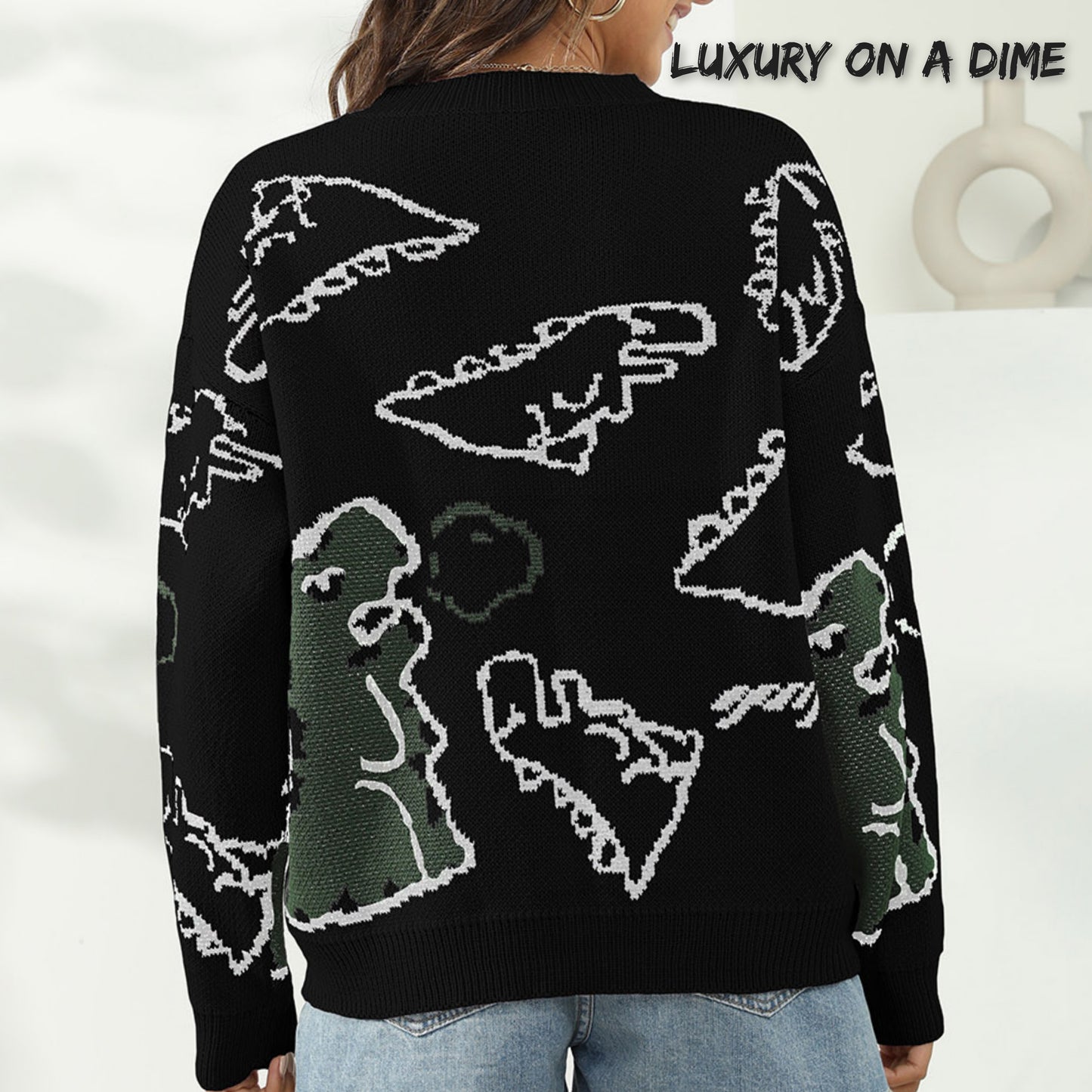 Knit Dinosaur Print Round Neck Long Sleeve Oversized Fun Pullover Sweater