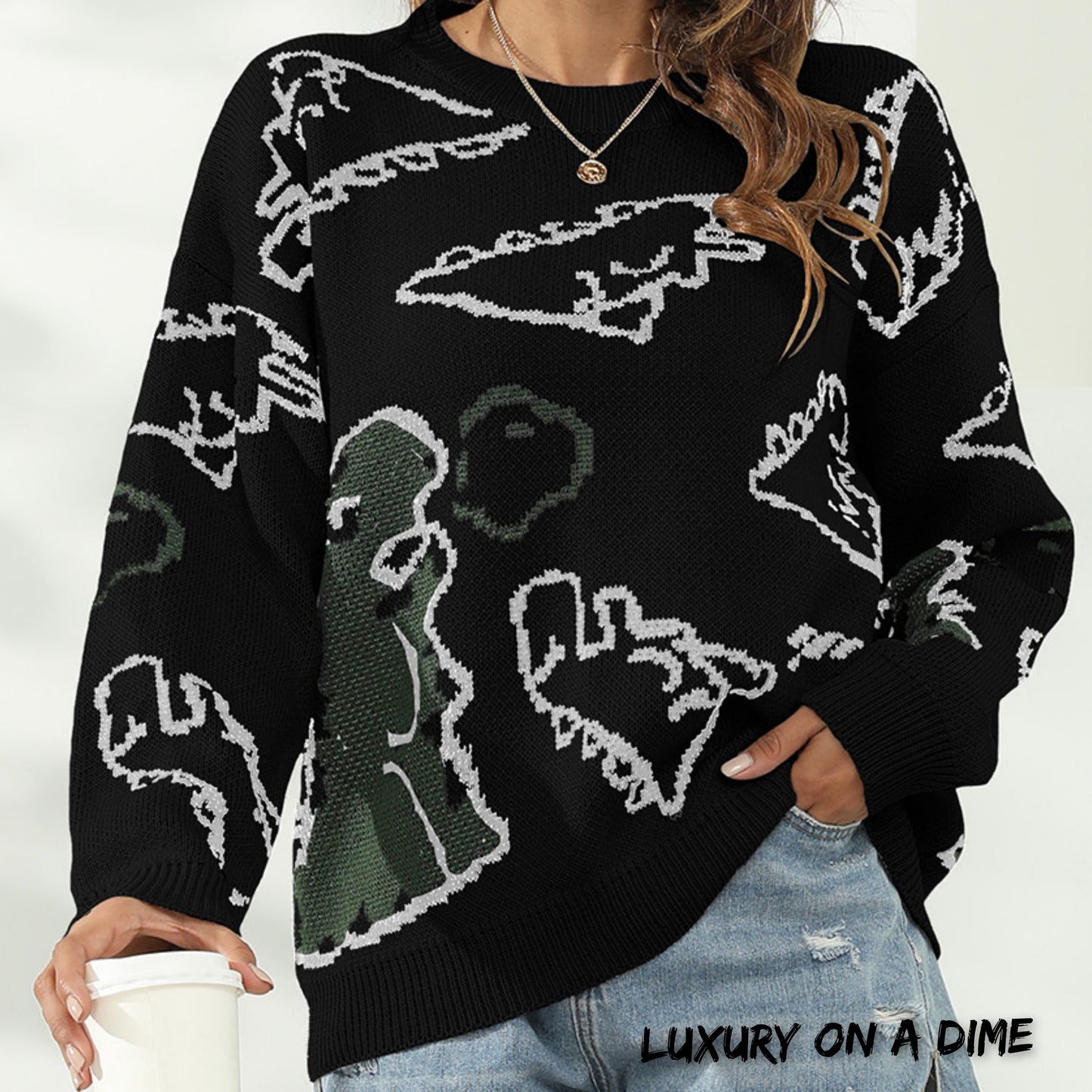 Knit Dinosaur Print Round Neck Long Sleeve Oversized Fun Pullover Sweater