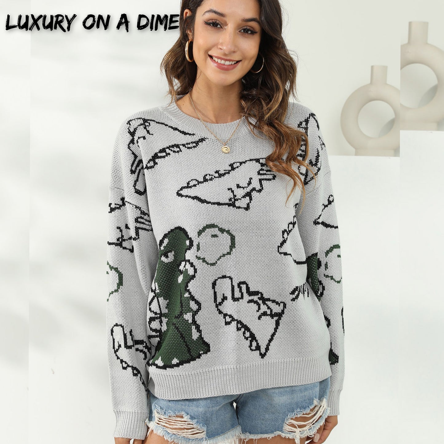 Knit Dinosaur Print Round Neck Long Sleeve Oversized Fun Pullover Sweater