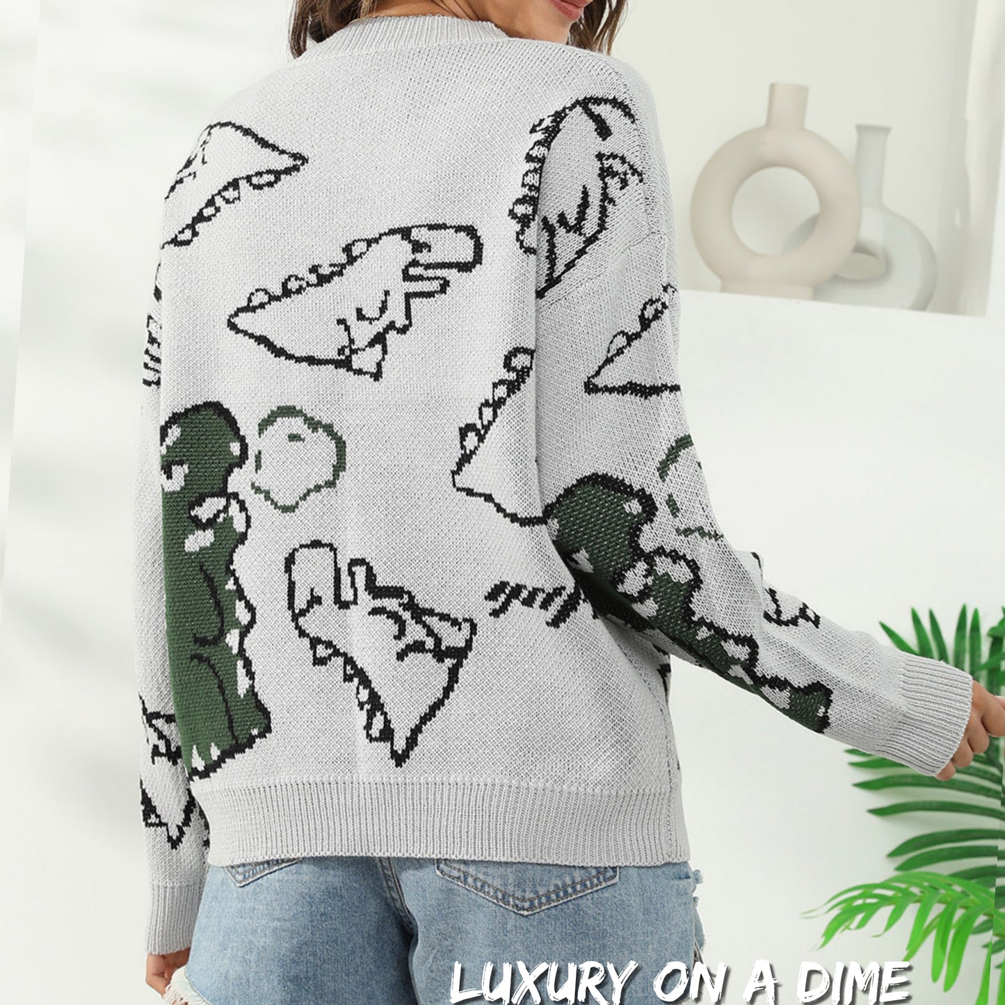 Knit Dinosaur Print Round Neck Long Sleeve Oversized Fun Pullover Sweater