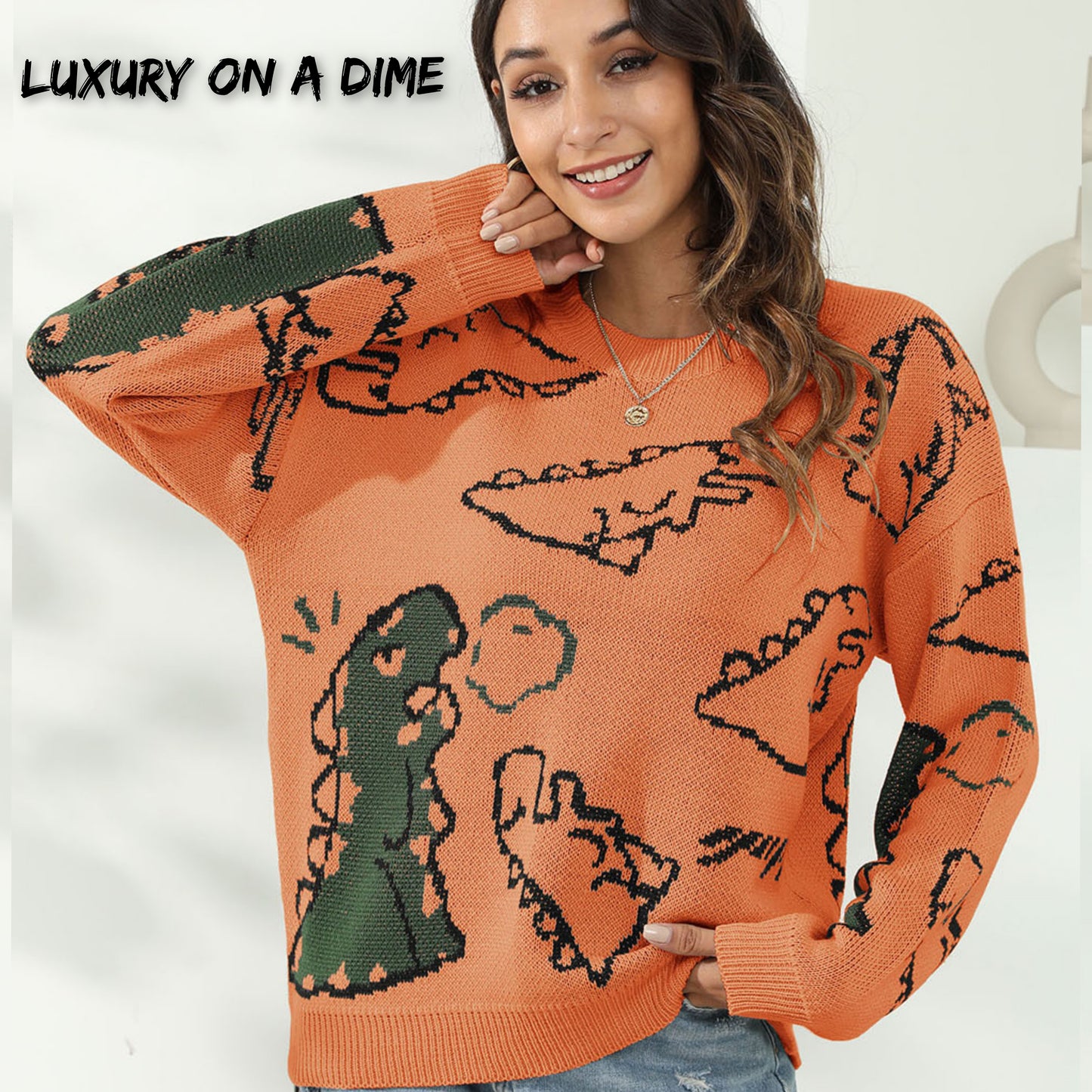 Knit Dinosaur Print Round Neck Long Sleeve Oversized Fun Pullover Sweater
