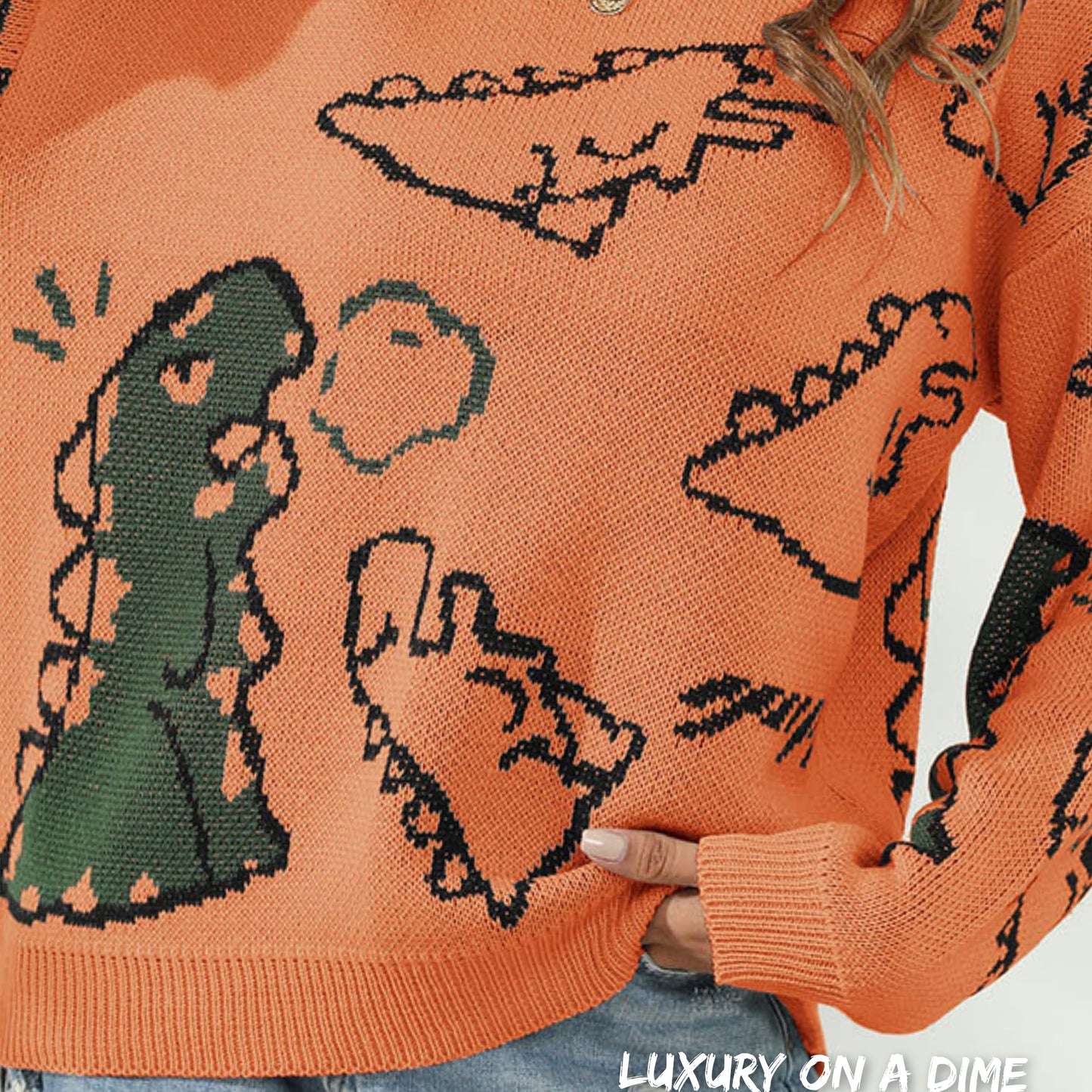 Knit Dinosaur Print Round Neck Long Sleeve Oversized Fun Pullover Sweater